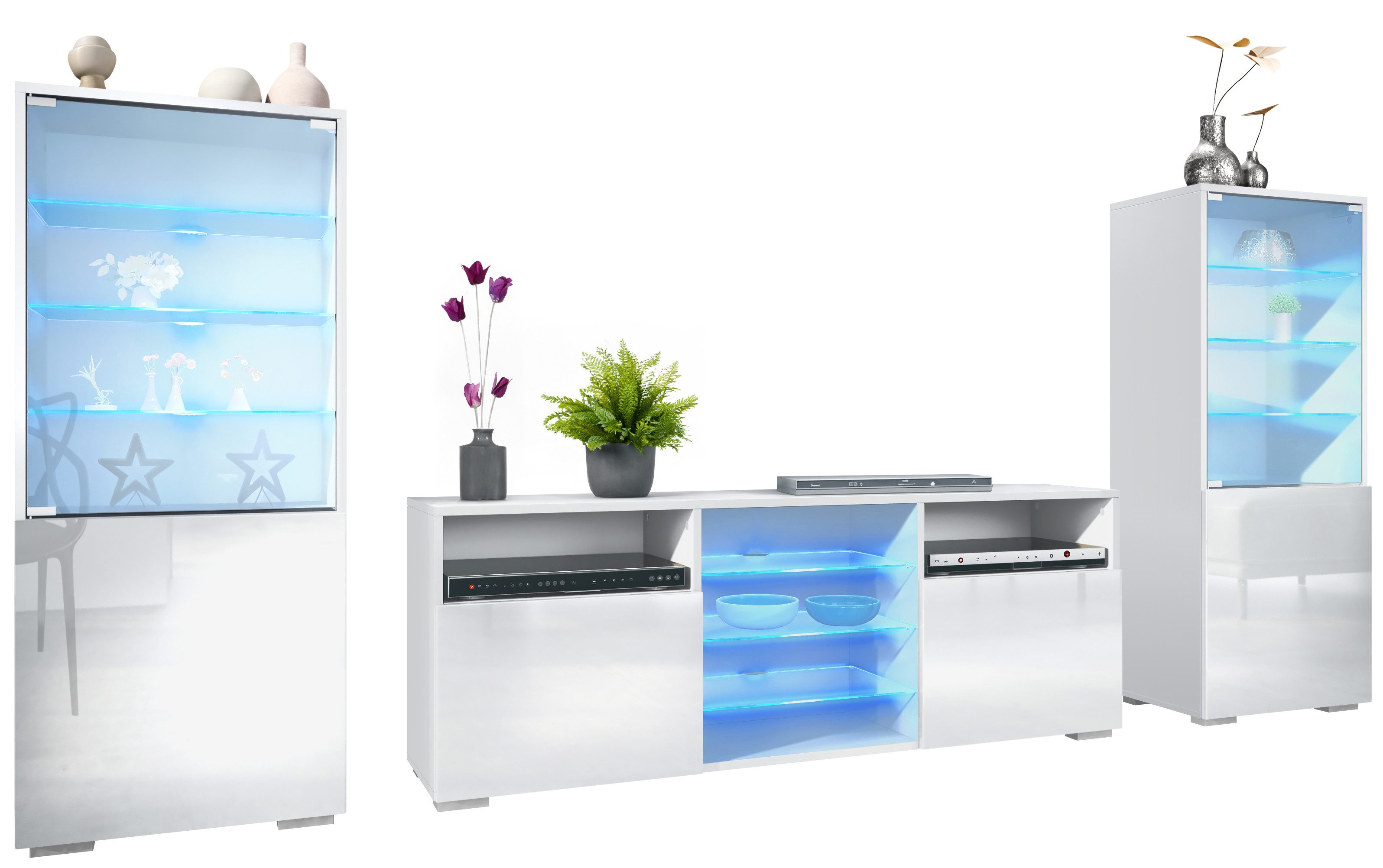 Vladon Wohnwand Granada, (Anbauwand, bestehend aus 2 Vitrinen, 1 TV-Board und LED-Beleuchtung), Weiß matt/Weiß Hochglanz (286 x 122,5 x 35 cm)