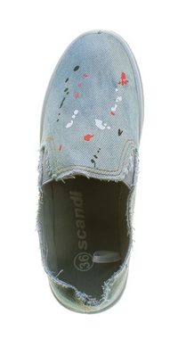 Scandi Halb Schuhe Ballerina Sneakers Slipper Jeans-Stoff Slip-On Sneaker Jeansstoff, bunte Farbsprenkel, Used-Look