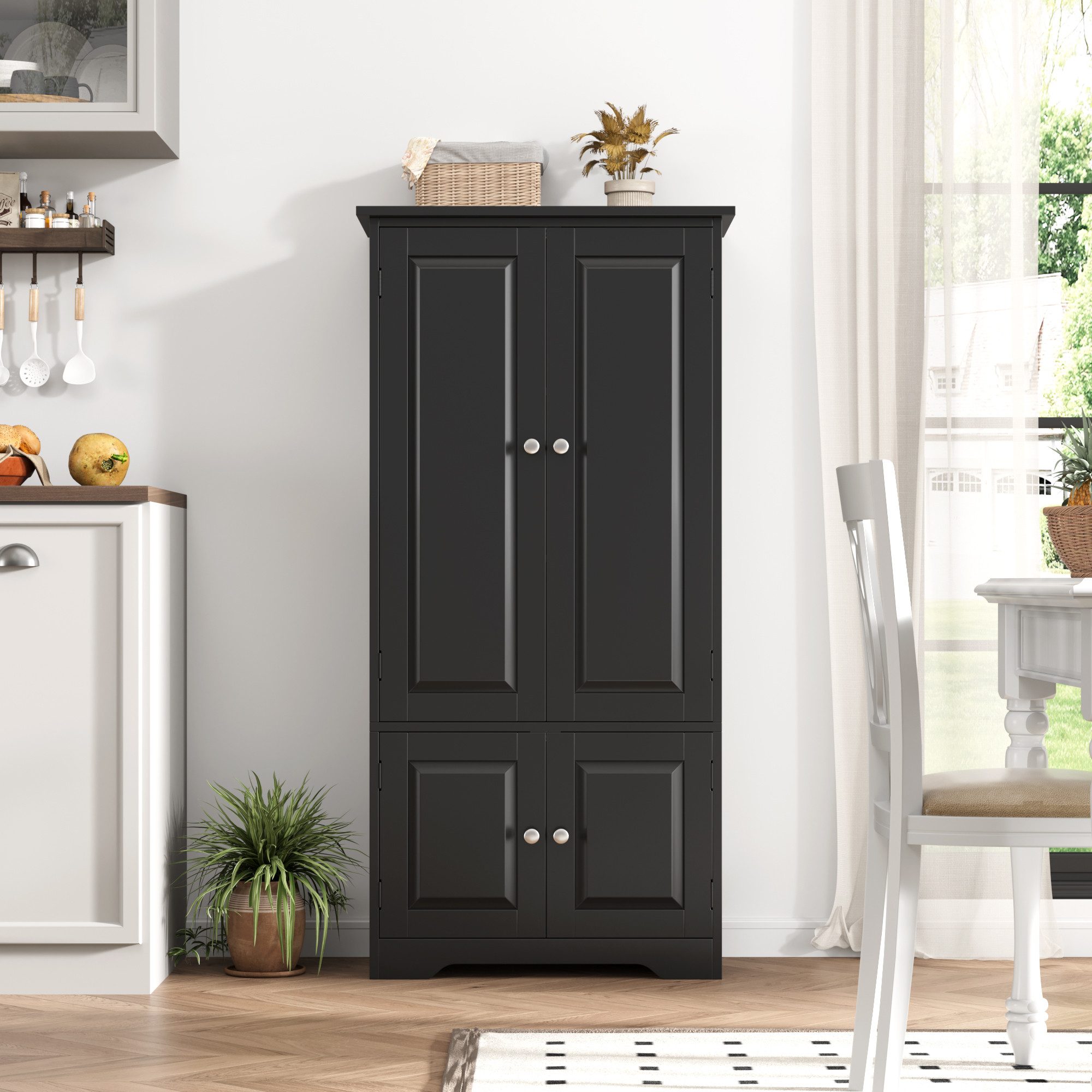 Homfa Mehrzweckschrank Küchenschrank Badezimmerschrank Bücherschrank, Wohnzimmerschrank, mit 4 Türen, 58x32x123cm, schwarz