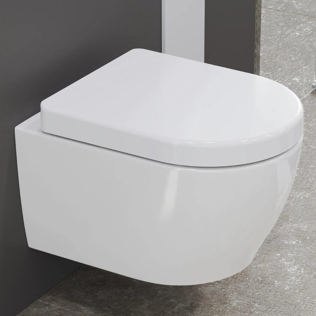 Aqua Bagno Tiefspül-WC spülrandlose Toilette mit WC-Sitz weiß kurzes WC Wand-WC, wandhängend, Abgang waagerecht