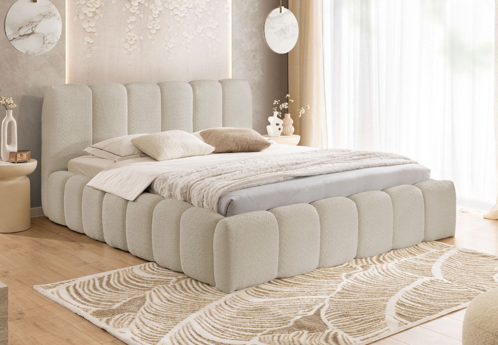 Home Collective Polsterbett Doppelbett Bubble Bettgestell mit Lattenrost & Stauraum Bouclé Bezug (Verfügbare Größen:120x200, 140x200, 160x200, 180x200, 200x200 cm), modernes Design mit Kopfteil und Steppung im Bouclé-Look Beige