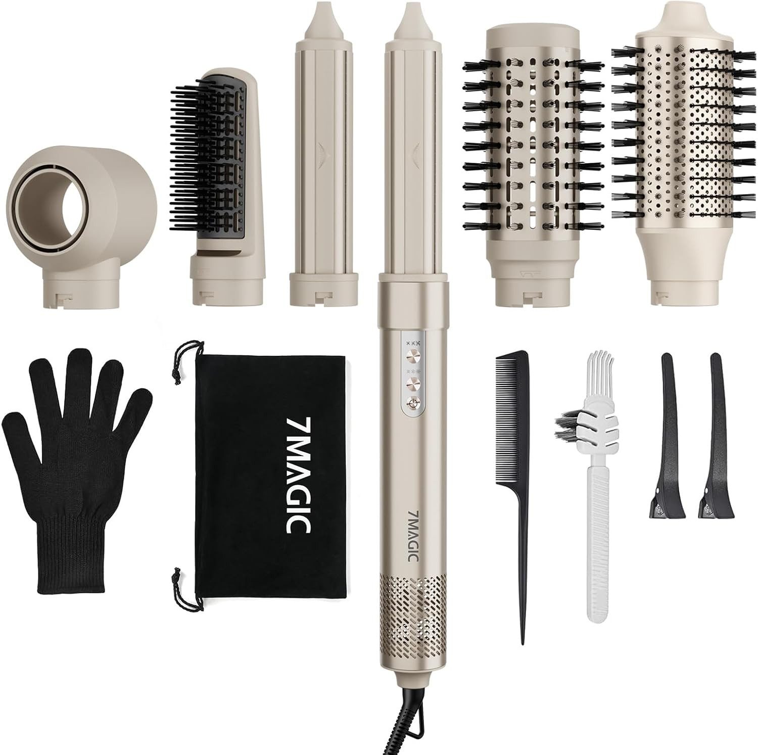 7MAGIC Warmluftbürste 6 in 1 Airstyler Ionen Föhn Multifunktionaler Hairstyler 110000 U/Min, Warmluftbürste mit 32mm Lockenstab Automatisch,Locken und Glätten