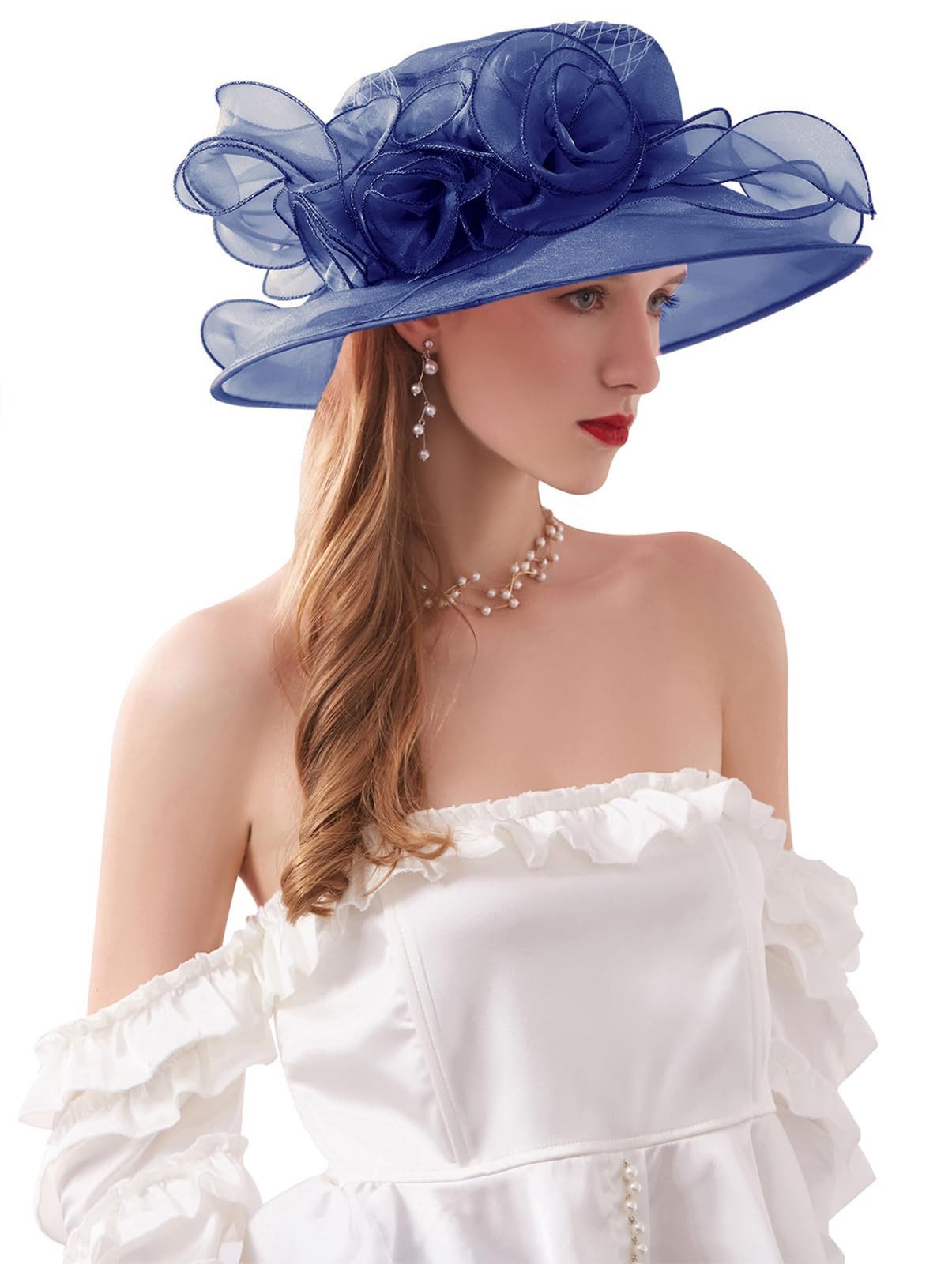 Bwecuy Sonnenhut Damenhut mit breiter Krempe, Blumen- und Blattdekor ideal für Hochzeit, Kirche und Tea Party – Bild 5 von 5
