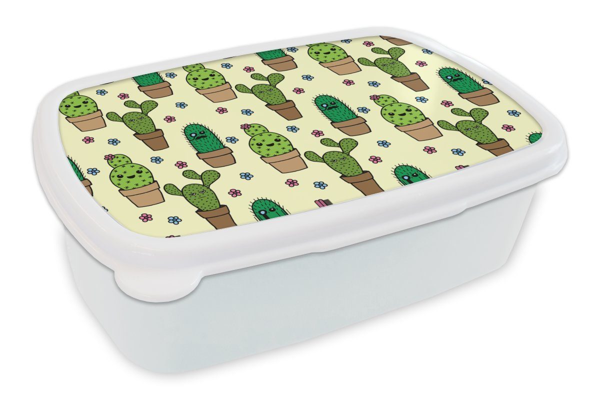 MuchoWow Lunchbox Muster - Kaktus - Blumen, Kunststoff, (2-tlg), Brotbox für Kinder und Erwachsene, Brotdose, für Jungs und Mädchen weiß