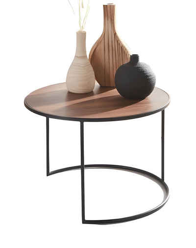 Dekoleidenschaft Beistelltisch "Modern" Tischplatte furniert in Holzoptik, Gestell aus Metall schwarz, Couchtisch Ø 57x38 cm, Sofatisch, Kaffeetisch, Wohnzimmertisch, Tisch