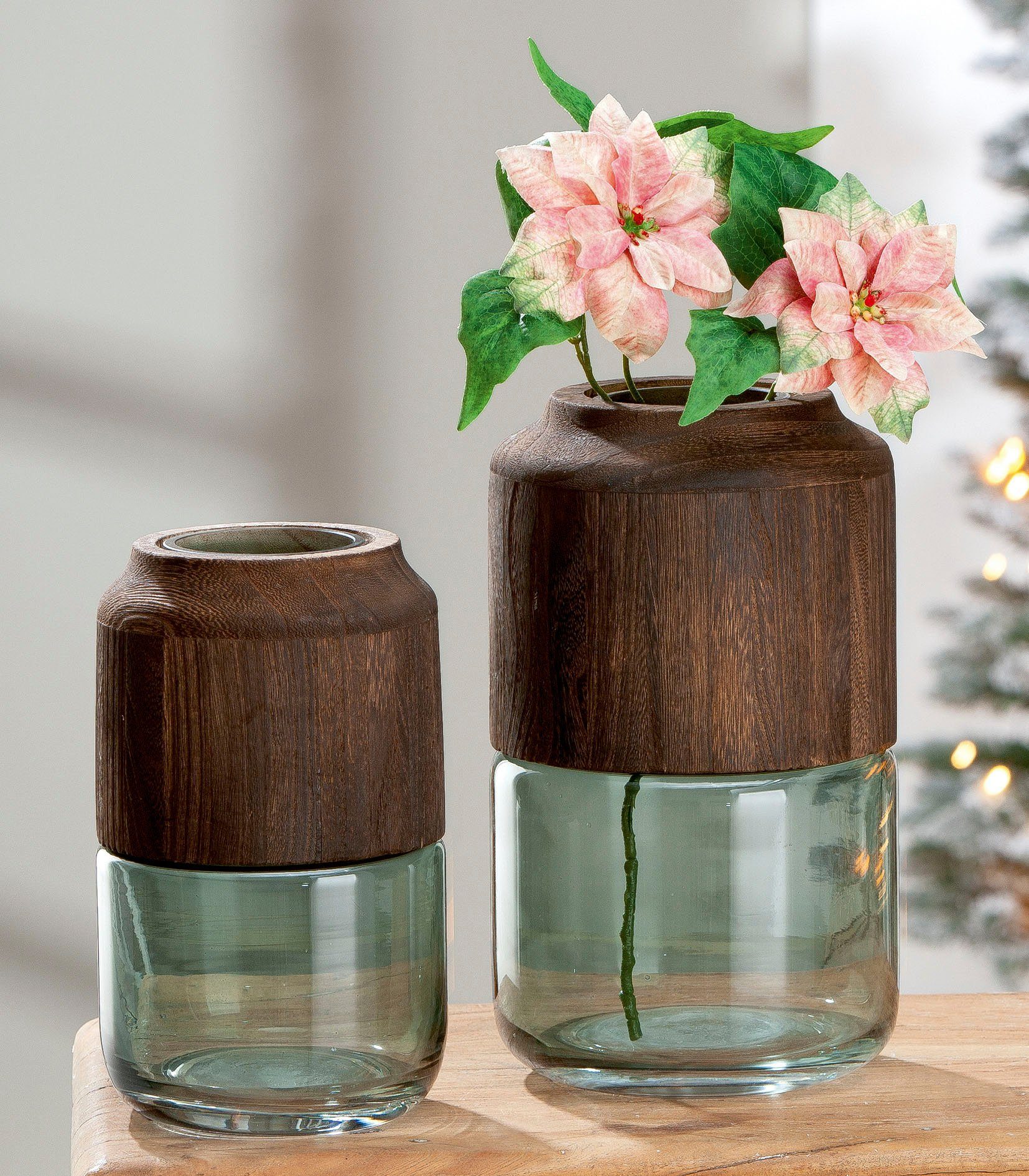Casablanca by Gilde Tischvase Colletta, aus Glas, mit abnehmbarem Holzelement