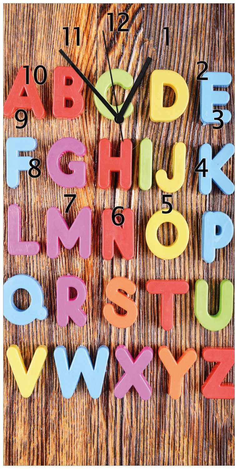 Wallario Wanduhr Bunte Buchstaben - Alphabet auf Holz (Glasuhr)