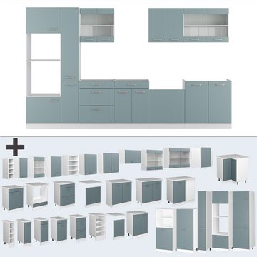 Vicco Küchenzeile R-Line, Blau-Grau/Weiß, 350 cm mit Hochschrank, mit Arbeitsplatte