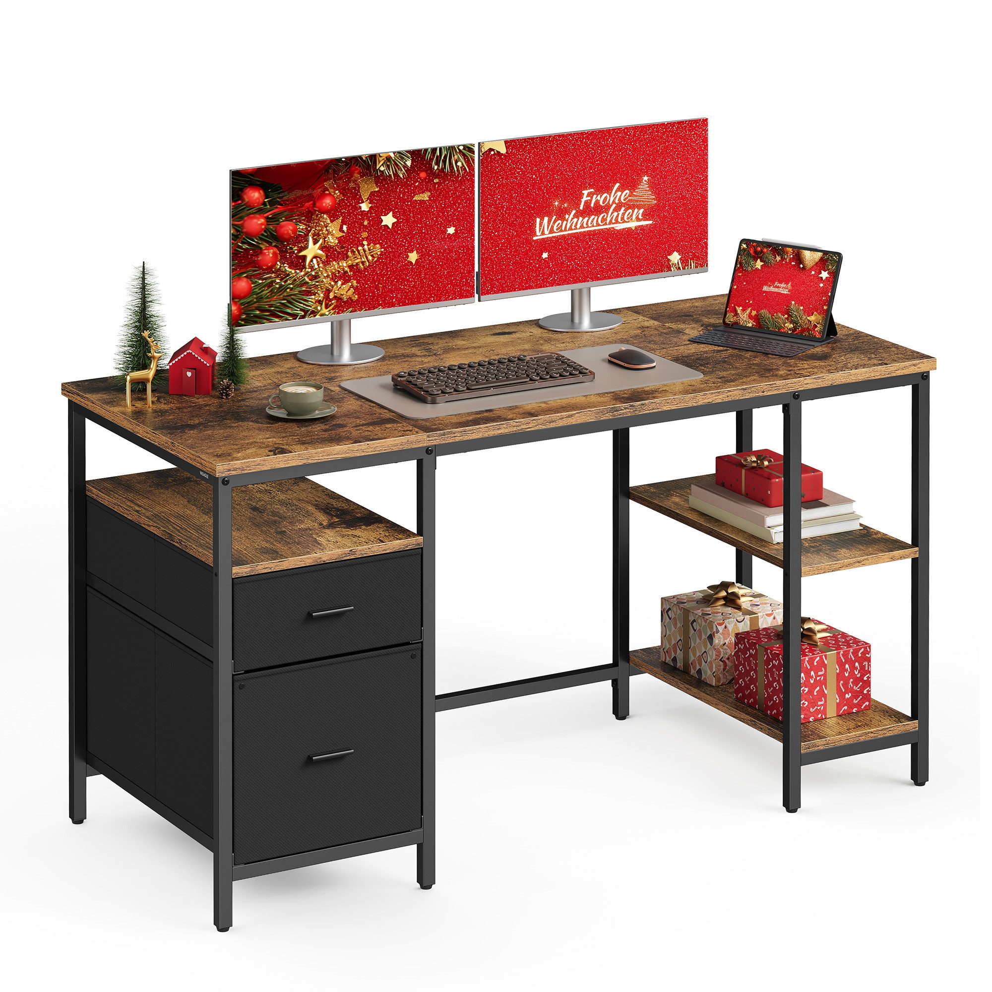 VASAGLE Schreibtisch Computertisch, Bürotisch, mit 3 Ablagen, 2 Schubladen, 140/160 cm