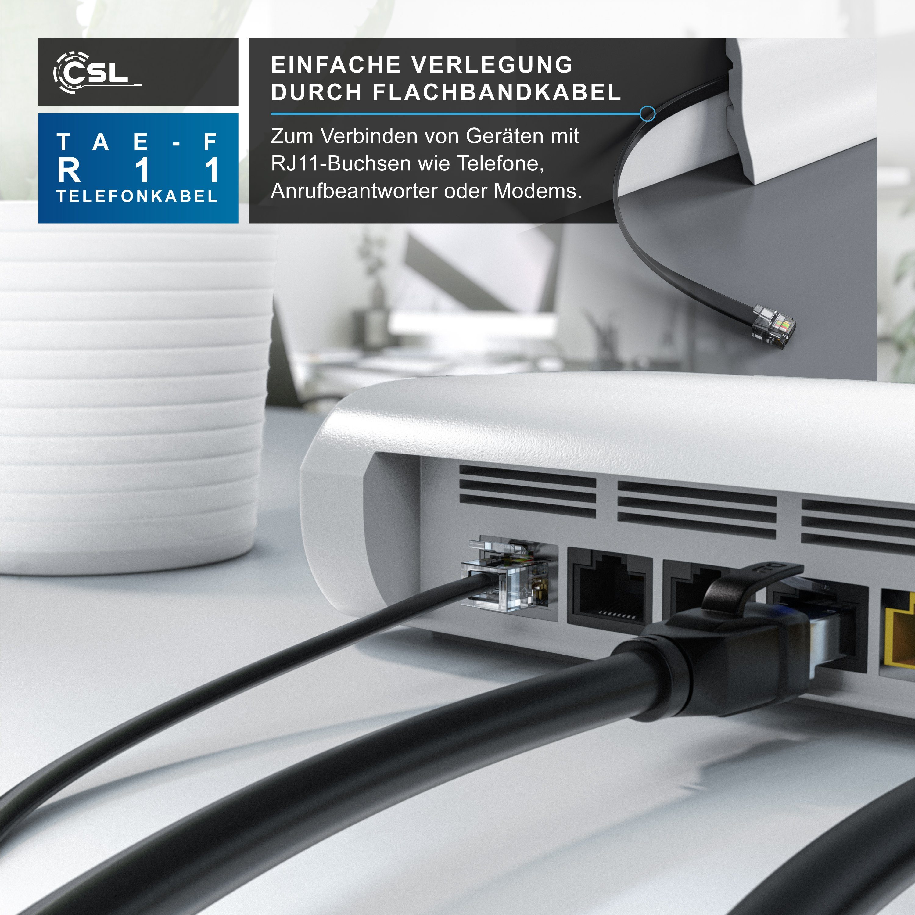 CSL Telefonkabel, TAE-F, RJ-11 (50 cm), Flachkabel TAEF Telefondose zu Telefon Fax Anrufbeantworter flach 0,5m