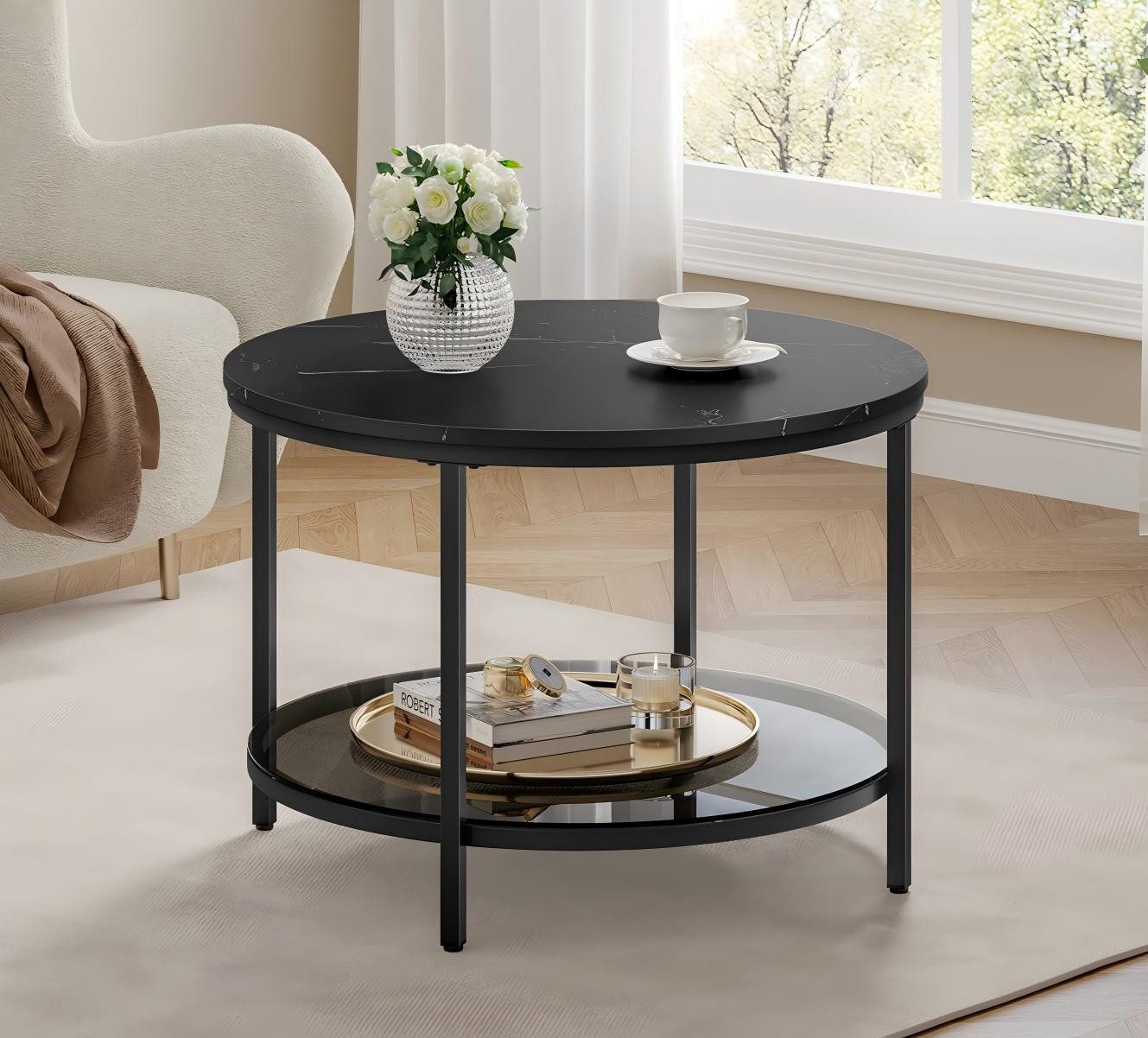 VASAGLE Couchtisch, Beistelltisch, Ø 65/80 x 46cm, Marmoroptik, Hartglasabl günstig online kaufen