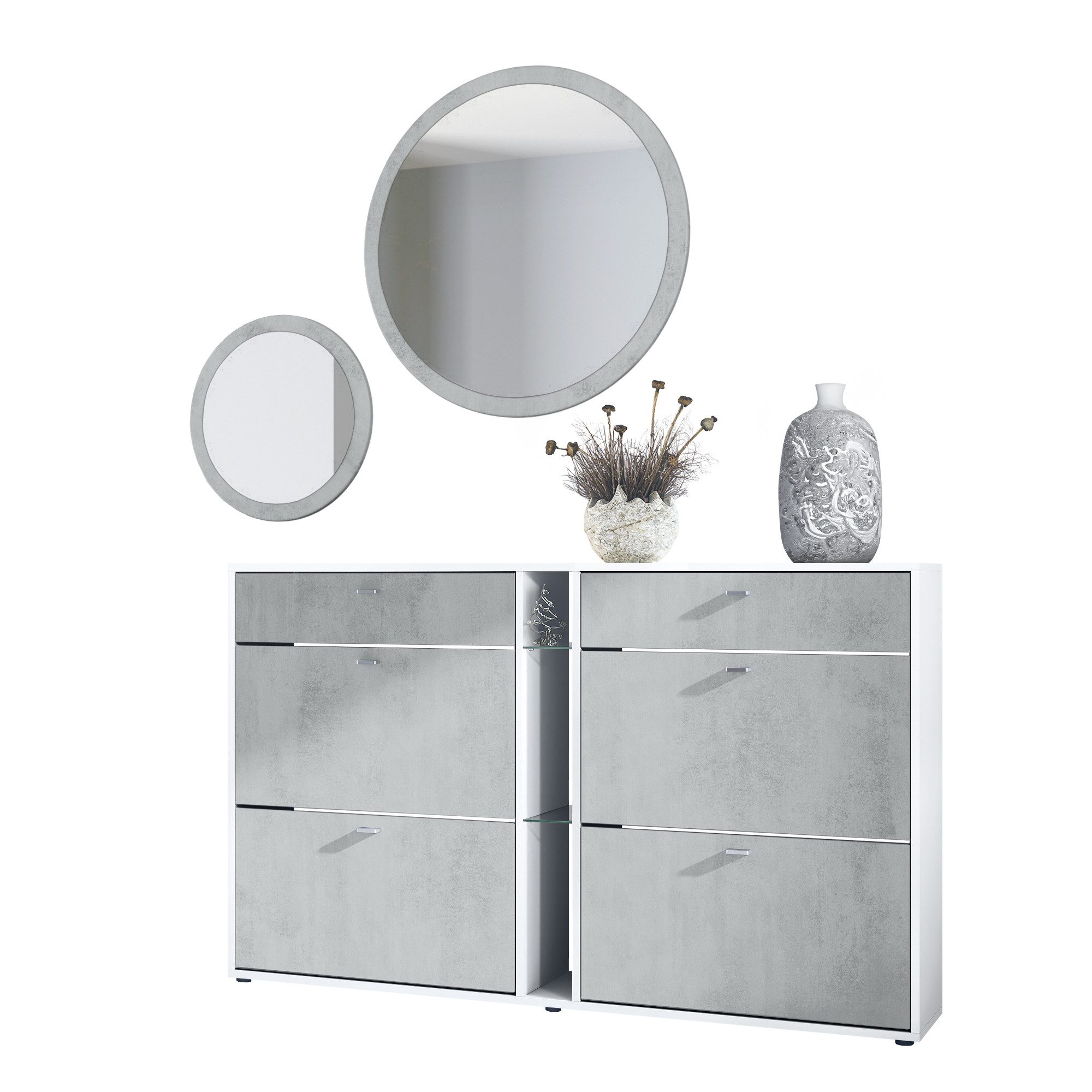 Vladon Garderoben-Set Florence, (Garderoben-Set, mit Schuhschrank und 2 Wandspiegel), Weiß matt/Beton Oxid Optik