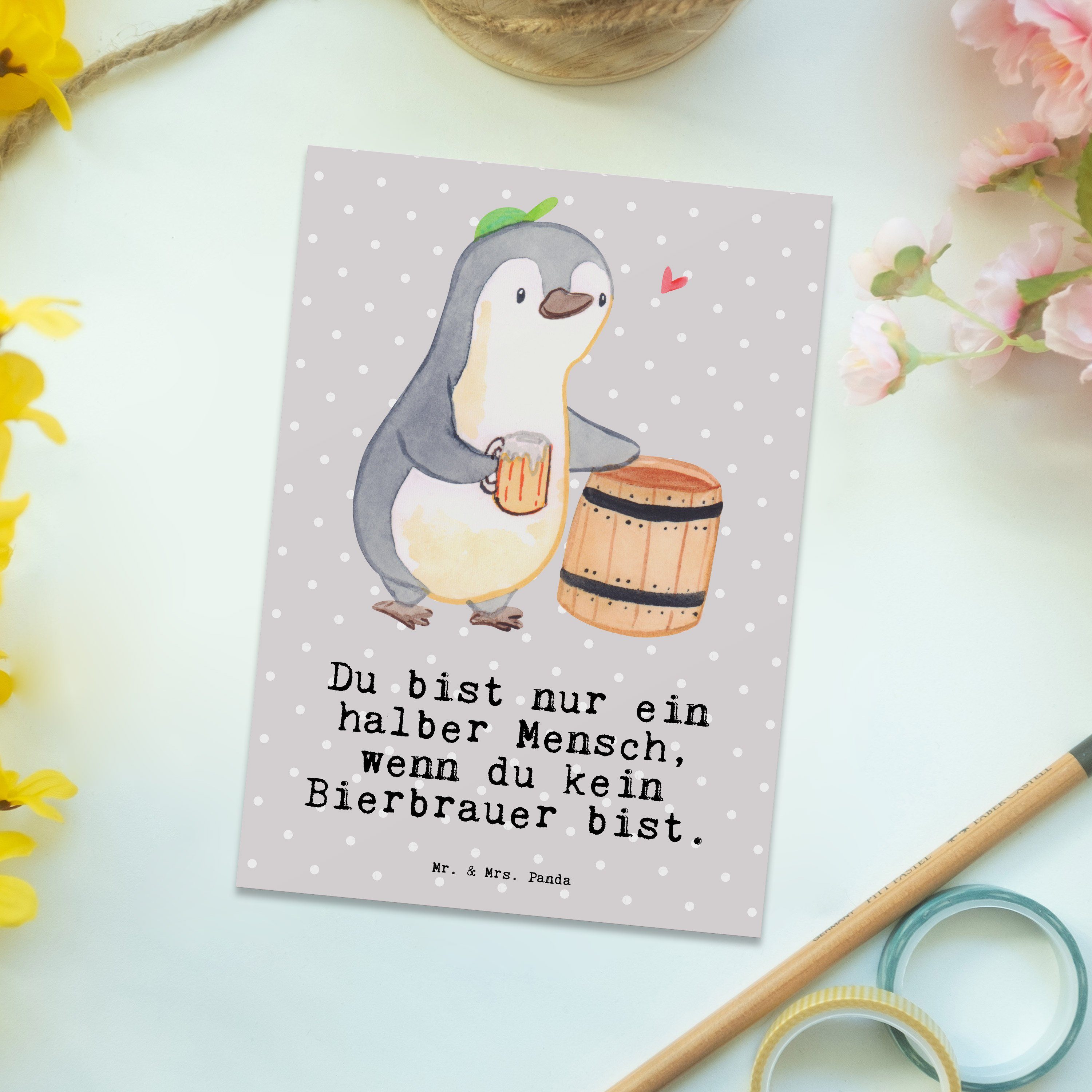 mit Kollegin Panda Karte, Firma, - Bierbrauer & Mrs. Mr. Herz Postkarte Grau Geschenk, Pastell -