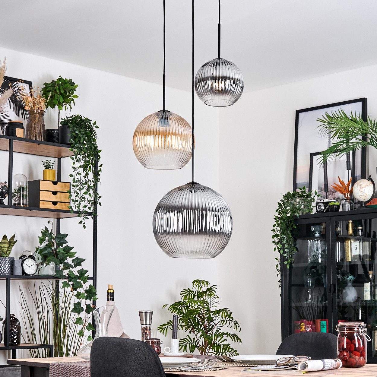 hofstein Hängeleuchte Hängelampe aus Metall/Riffelglas in Schwarz/Rauch/Ber günstig online kaufen