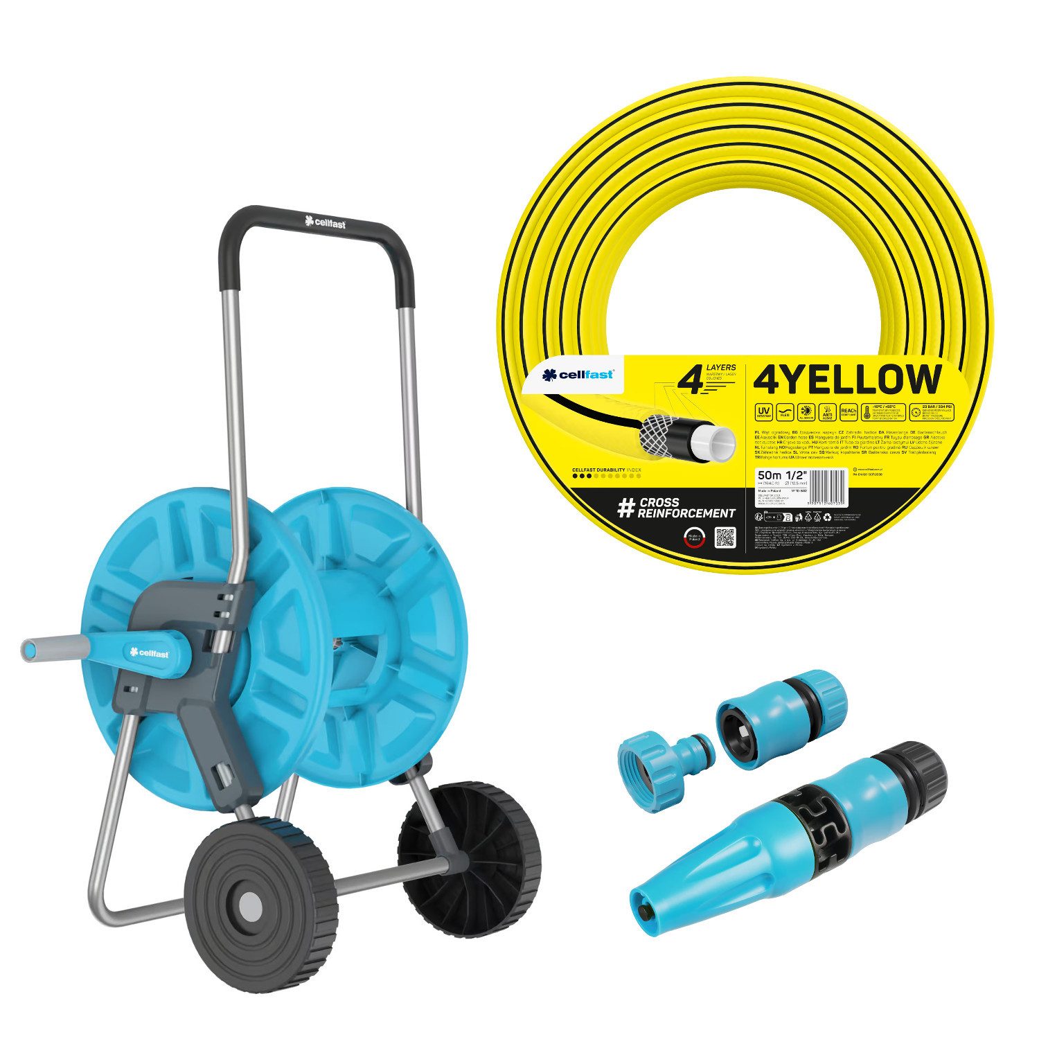 Cellfast Schlauchwagen 1/2" 60 m + 4YELLOW Gartenschlauch 1/2" 50 m + Basic Sprühkopf 1/2", All Season, Anti Algae, Flexi, ReaCh Compliant, UV Resistant