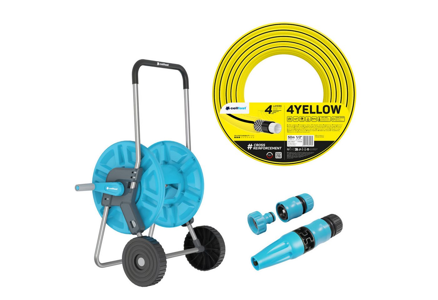 Cellfast Schlauchwagen 1/2" 60 m + 4YELLOW Gartenschlauch 1/2" 50 m + Basic Sprühkopf 1/2", All Season, Anti Algae, Flexi, ReaCh Compliant, UV Resistant