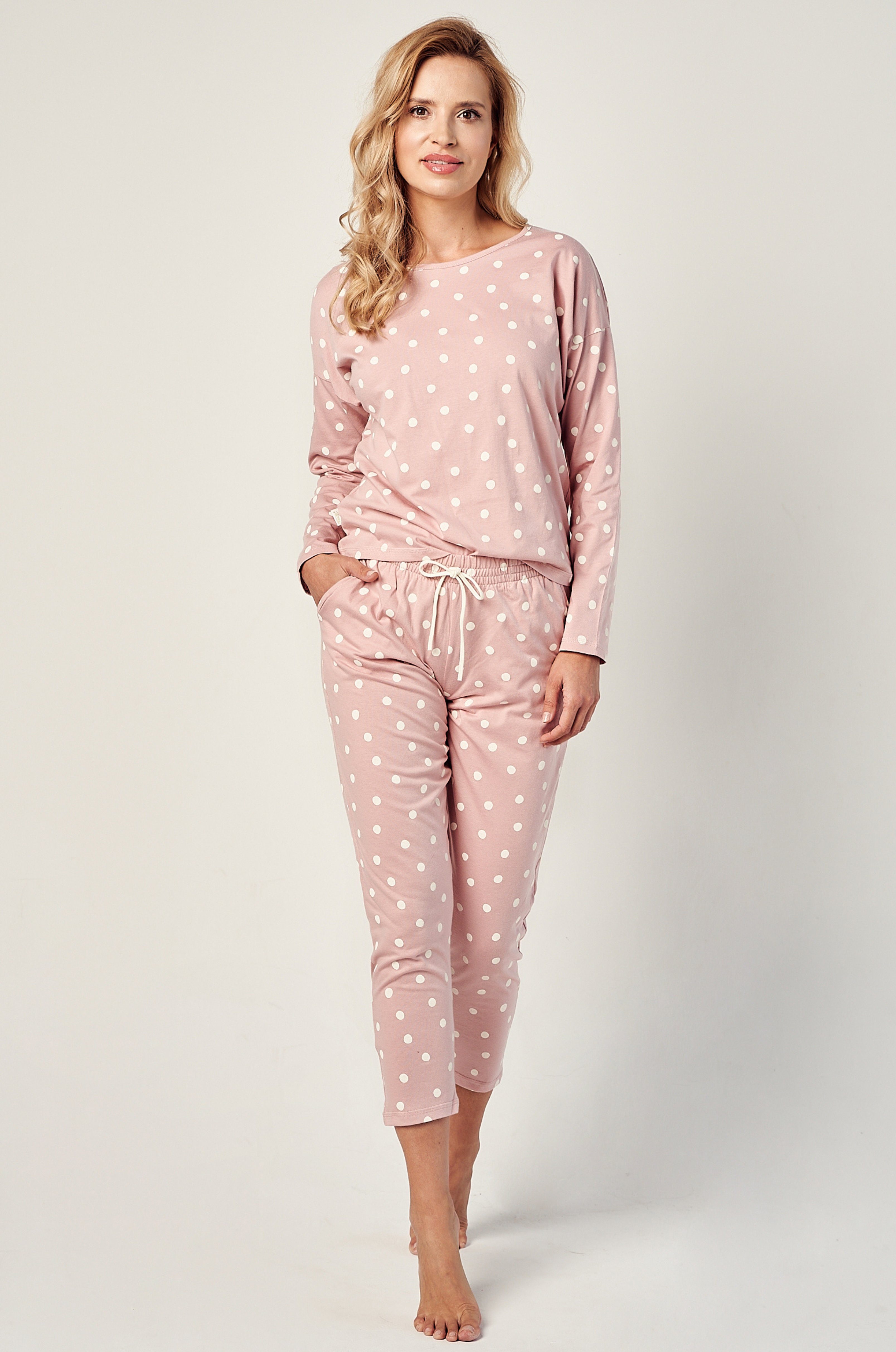 Mademoiselle Sommeil Capri-Pyjama 3/4 Schlafanzug mit langarm Oberteil in altrosa mit Punkten (2 tlg., 1 Stück)