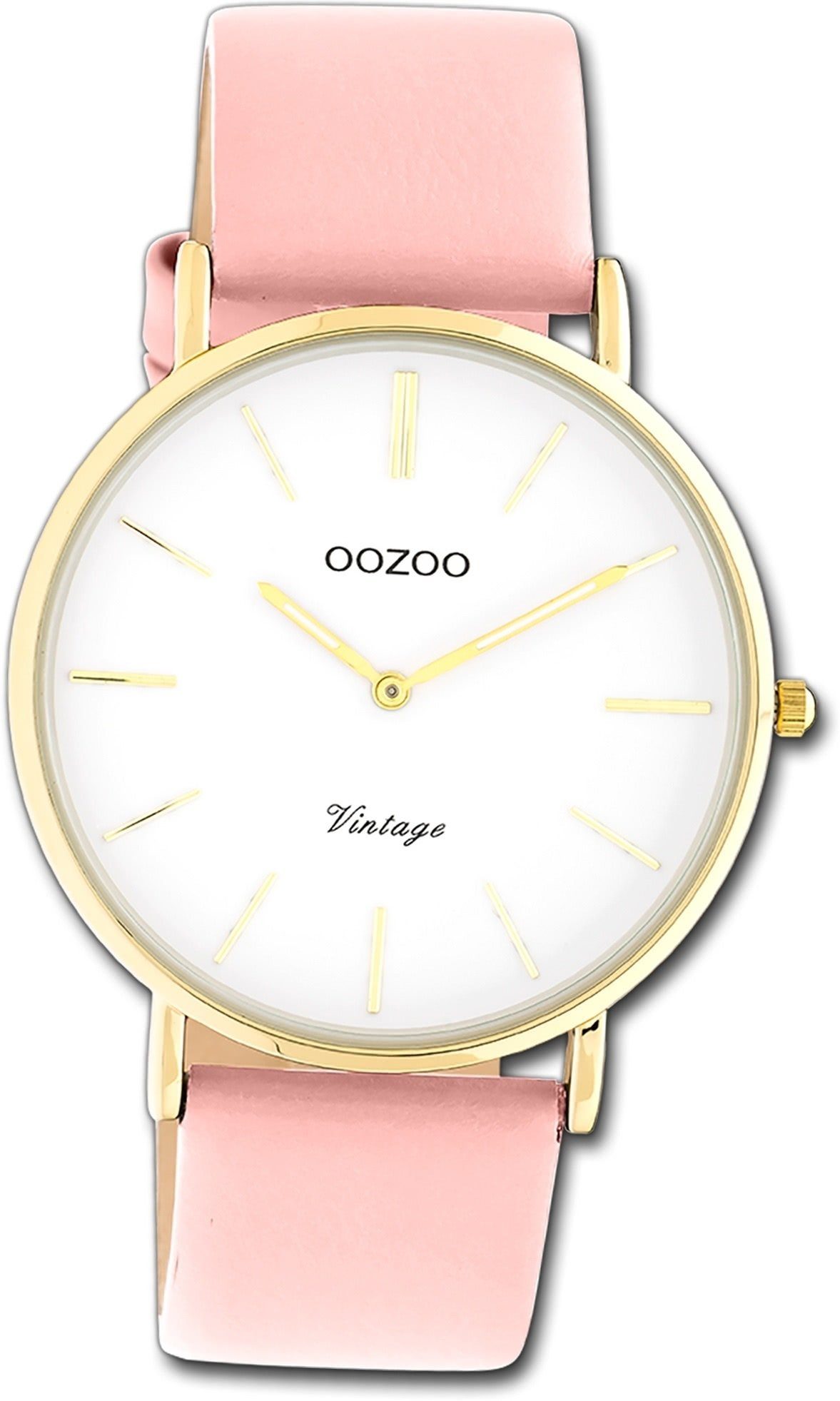 OOZOO Quarzuhr Oozoo Damen Armbanduhr Vintage Series, Damenuhr Lederarmband rosa, rundes Gehäuse, groß (ca. 40mm)