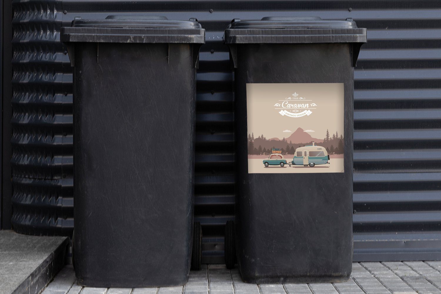 Abfalbehälter mit Mülltonne, Sticker, St), Wandsticker (1 Mülleimer-aufkleber, Container, Illustration MuchoWow eines Wohnmobil Autos