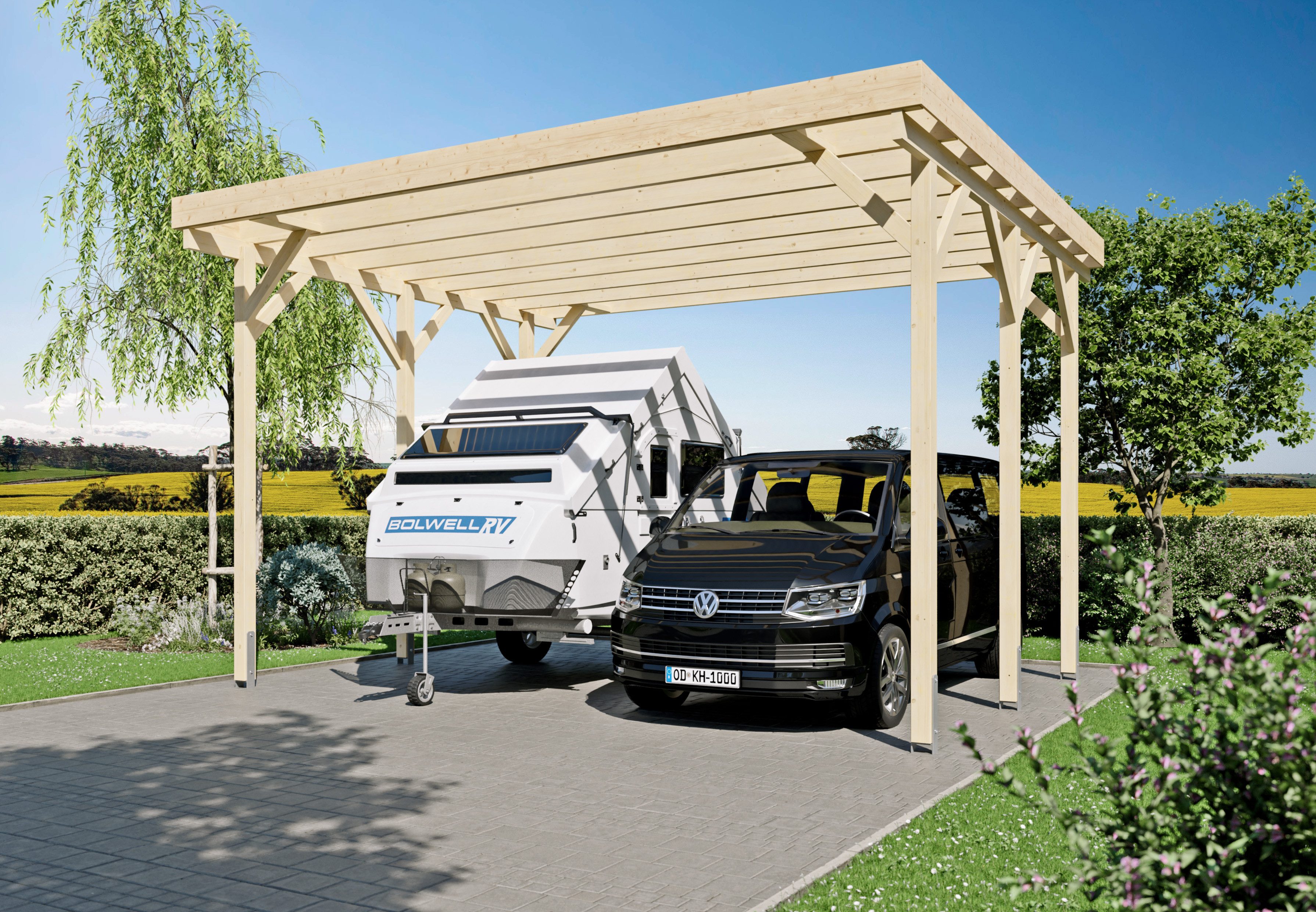 KONIFERA Doppelcarport Pluto I, BxT: 600x500 cm, 352 cm Einfahrtshöhe, für Wohnmobile, Leimholz naturbelassen, PET-Flachdach lichtdurchlässig