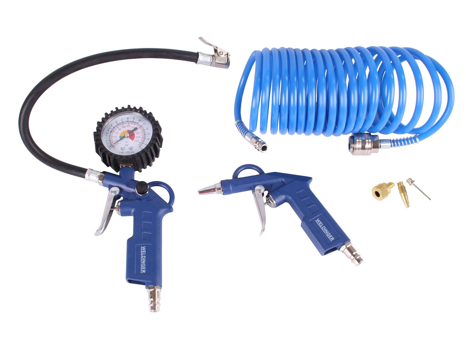 WELDINGER Druckluftwerkzeug Kompressorzubehörset Druckluftset 6-teilig Reifenfüller Ausblaspistole, (6-tlg), Aluminium-Druckguss