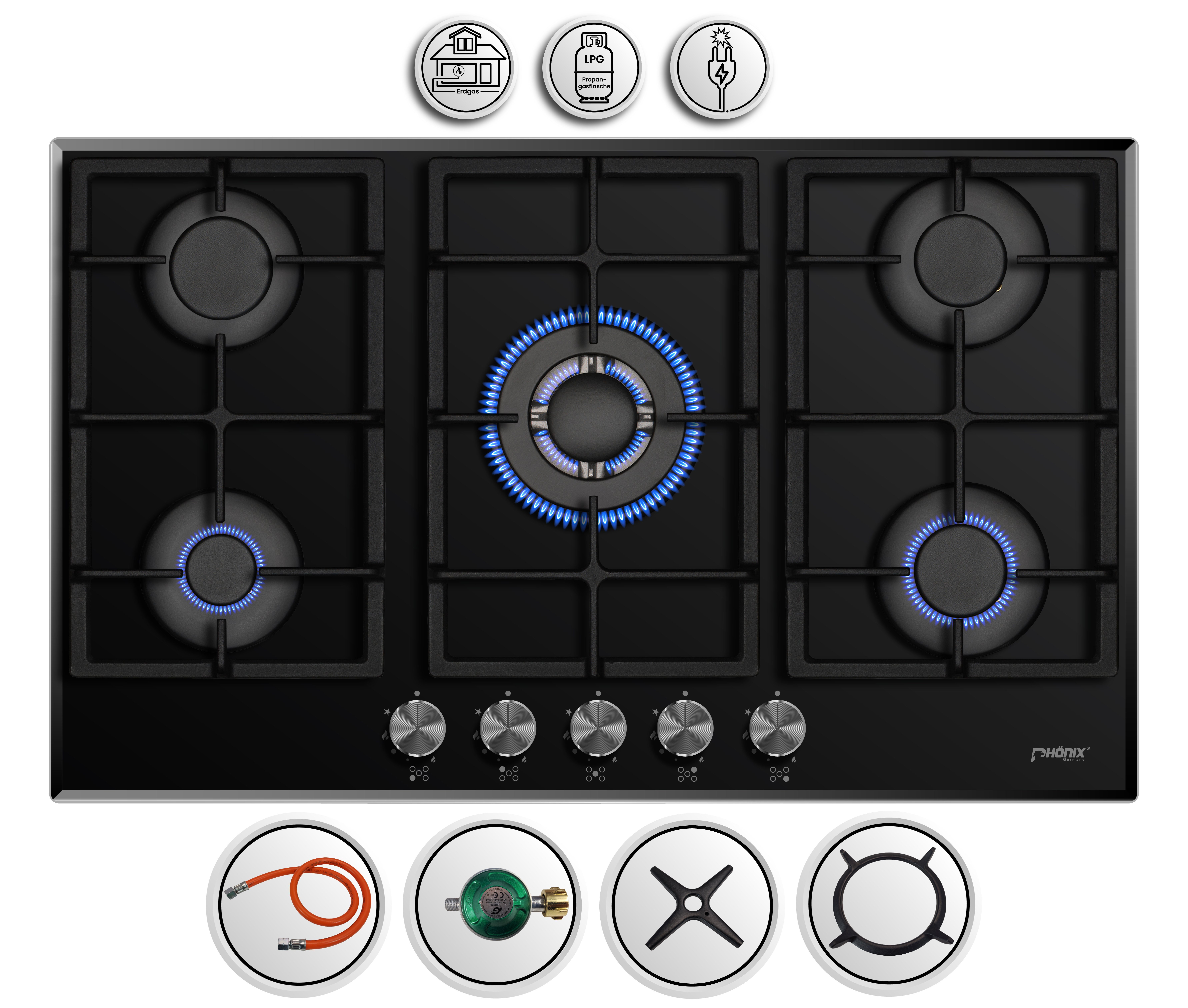 Phönix Germany Gas-Kochfeld PG-901T, Gaskocher 5 flammig mit Zündsicherung, Propan- / Erdgas, H-Gas