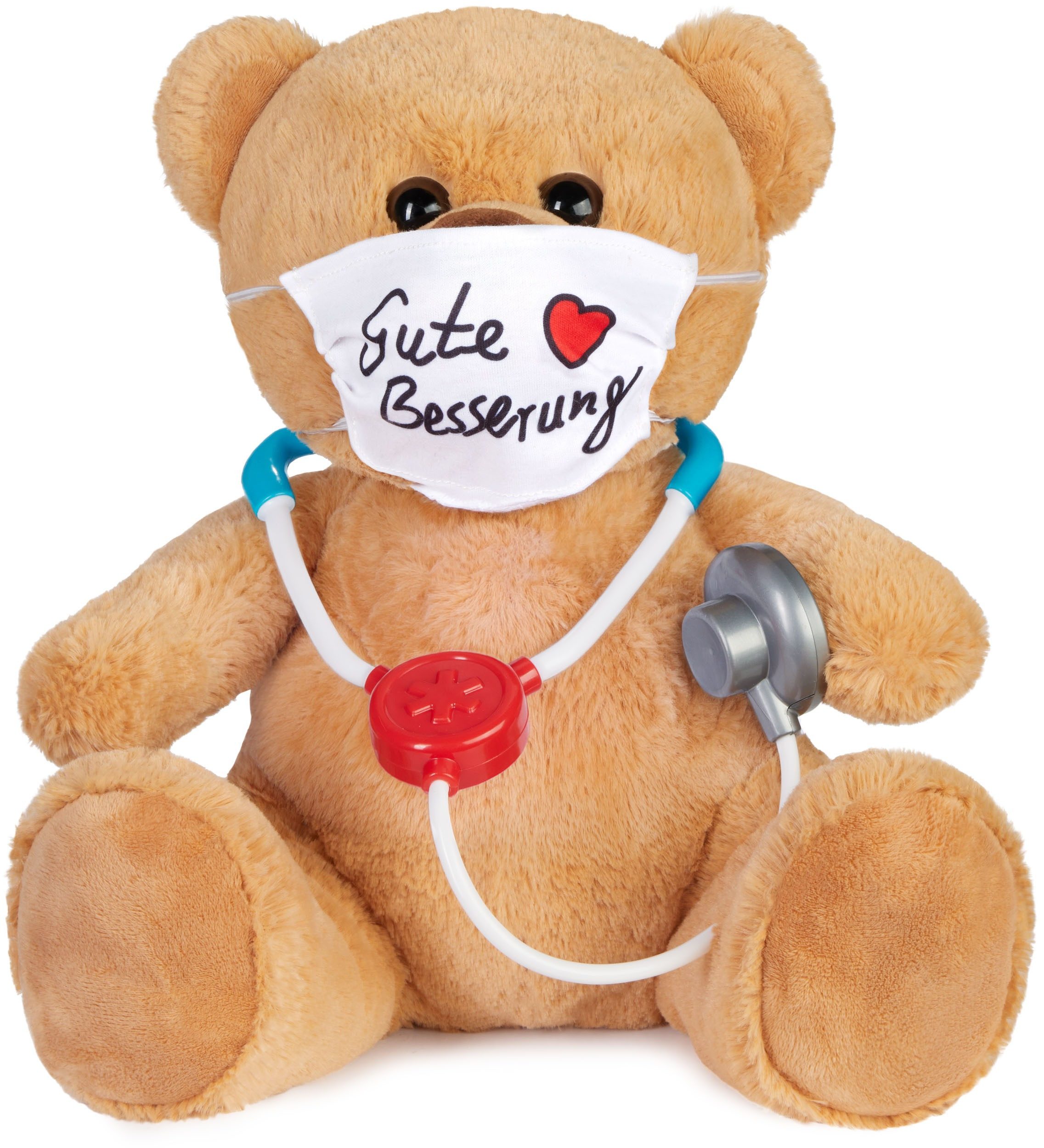 BRUBAKER Kuscheltier Teddy mit Mundschutz und Stethoskop - Gute Besserung - Teddybär 35 cm (Braun Hellbraun, 1-St., Geschenk-Set), Arzt Plüschbär - Plüschteddy Schmusetier