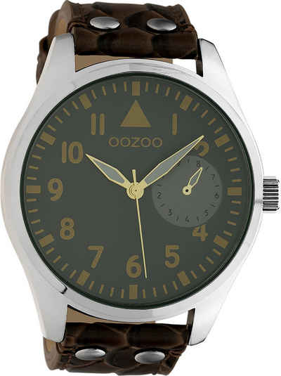 OOZOO Quarzuhr Oozoo Unisex Armbanduhr Timepieces Analog, Damen, Herrenuhr rund, extra groß (ca. 50mm) Lederarmband dunkelbraun