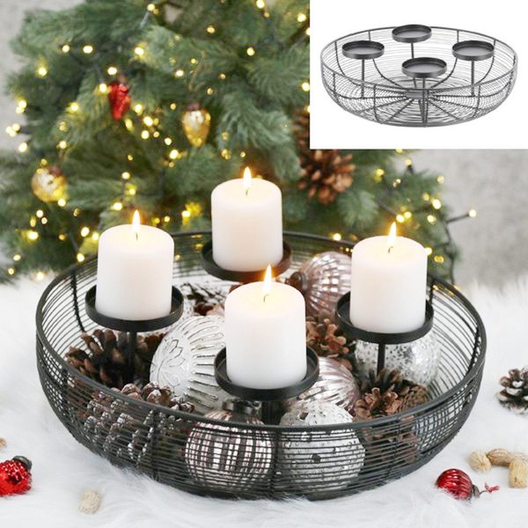 Macosa Home Adventskranz Adventsdeko Adventsgesteck Korb Weihnachtsdeko Tischdeko modern, schwarz 4 Kerzenhalter Tisch-Dekoration Advent Metallkranz