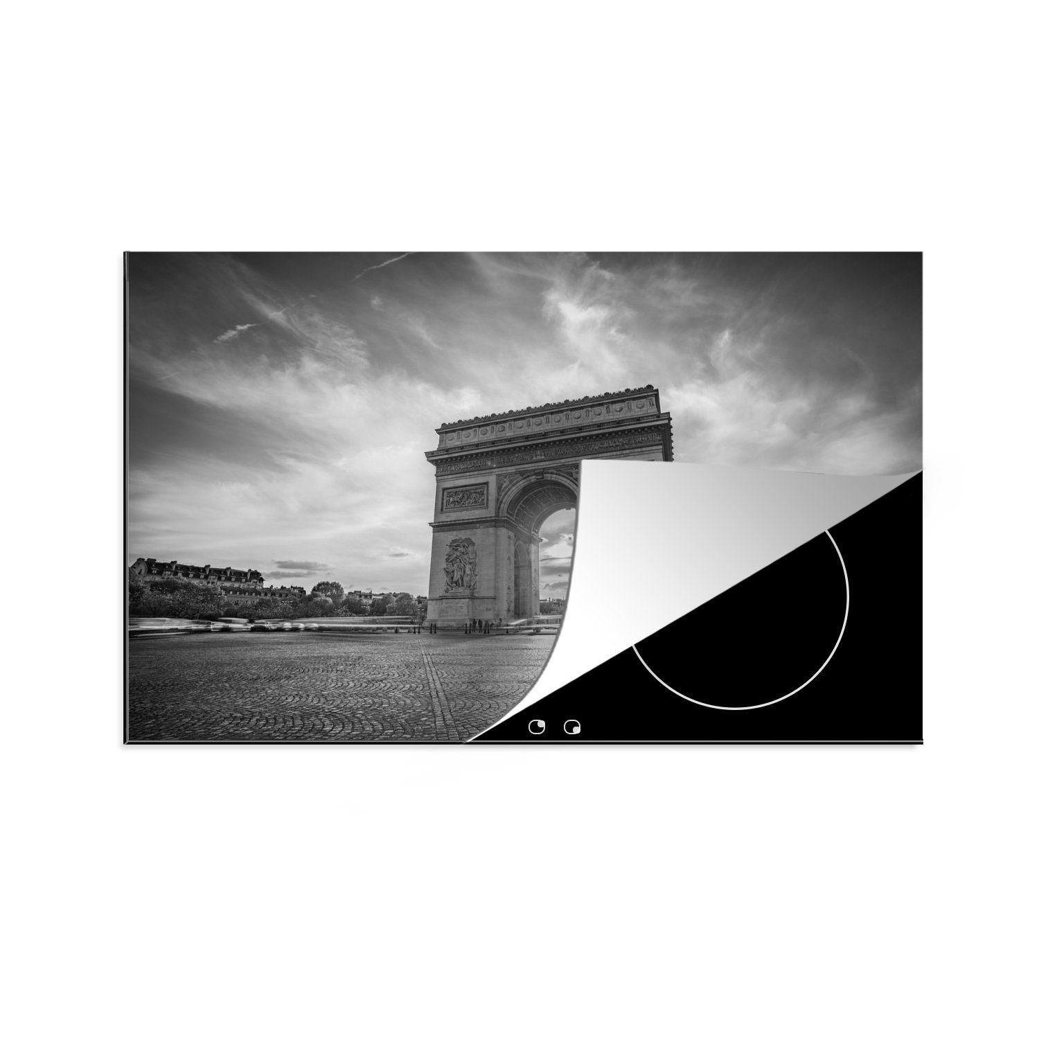 MuchoWow Herdblende-/Abdeckplatte Frankreich - Schwarz - Weiß - Arc de Triomphe, Vinyl, (1 tlg), 81x52 cm, Induktionskochfeld Schutz für die küche, Ceranfeldabdeckung