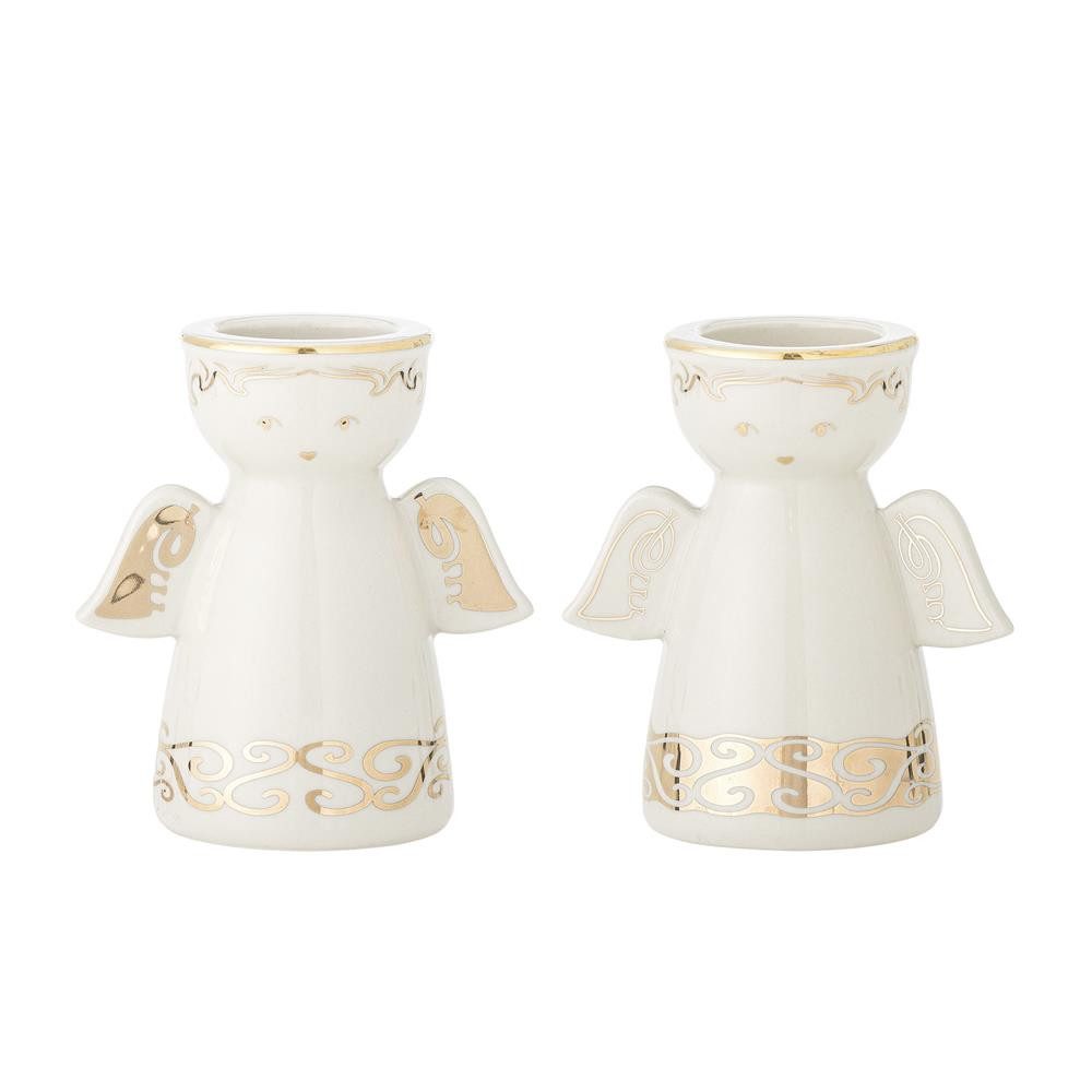 Bloomingville Teelichthalter Faella Kerzenhalter Engel, Weiß, 2er Set, Engelfigur, Teelicht und Stabkerze, Weihnachtsdeko, Golddetails