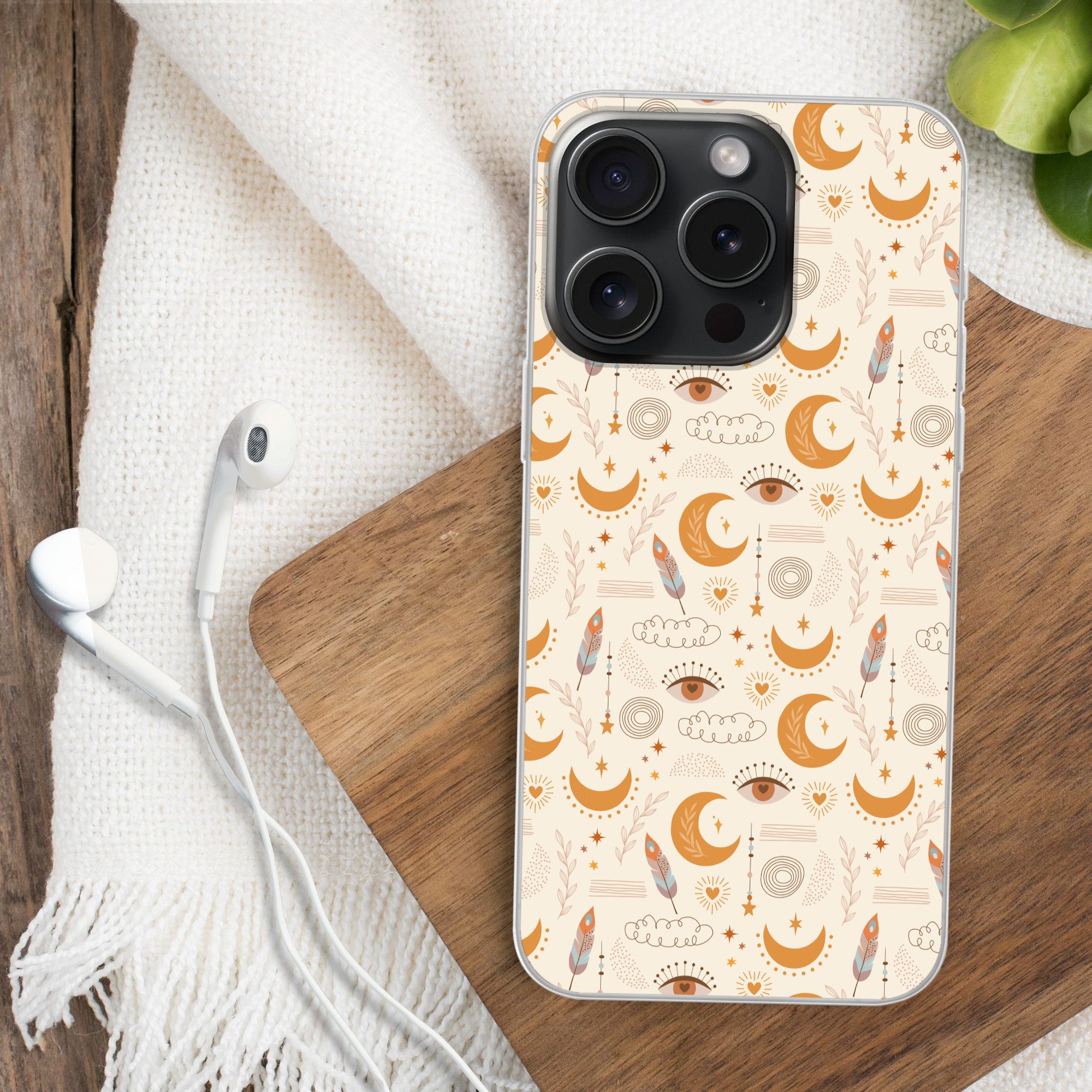 MuchoWow Handyhülle für Apple iPhone 15 Pro Boho - Druck - Augen - Mond - Federn - Beige, Smartphone-Bumper, Print, Handy Schutzhülle Dünn