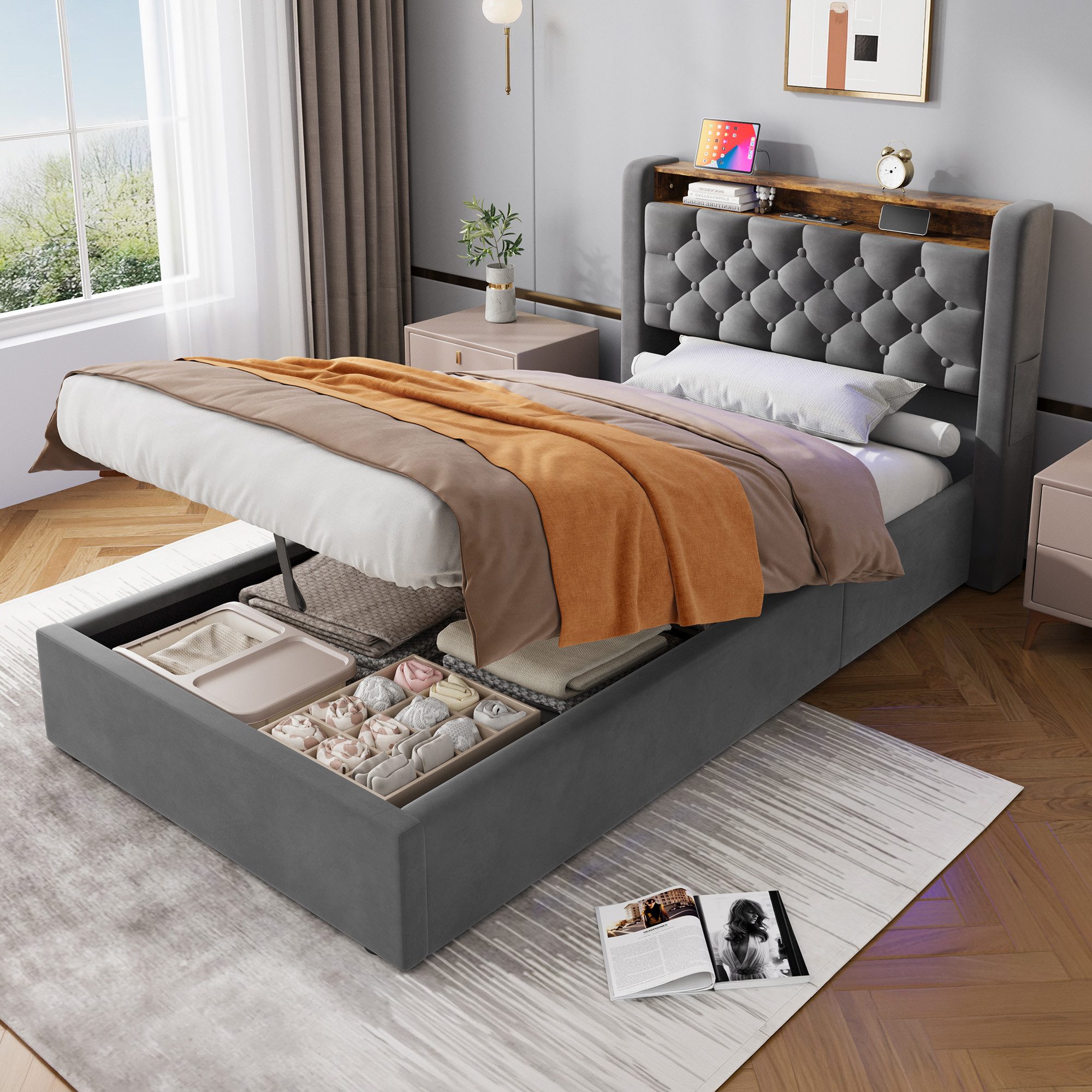 HAUSS SPOLE Polsterbett Stauraumbett Boxspringbett Jugendbett mit Bettkasten & Kopfteil (90×200 Einzelbett Kinderbett mit Stauraum und klappbarem Kopfteil), Bettrahmen ohne Matratze für den täglichen Komfort