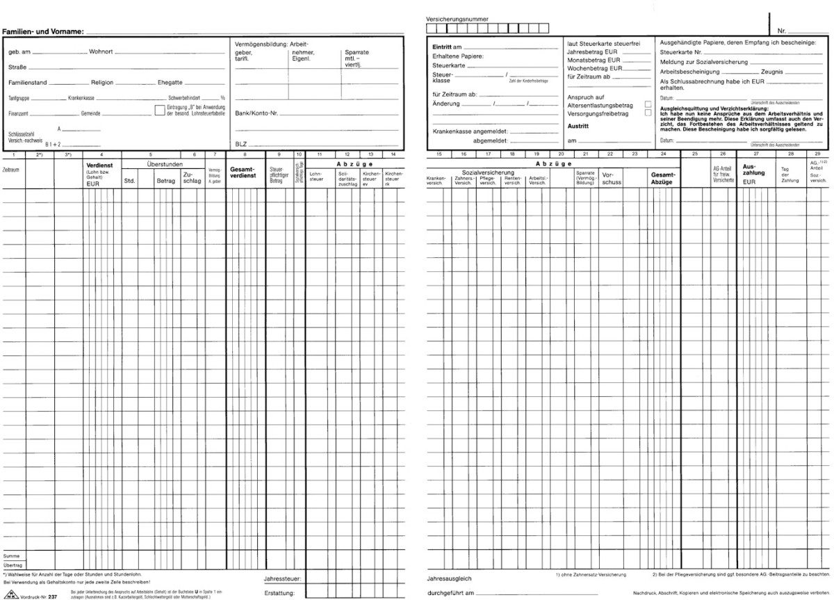 Formularblock Lohn- und Gehaltskontobuch A4 20 Blatt