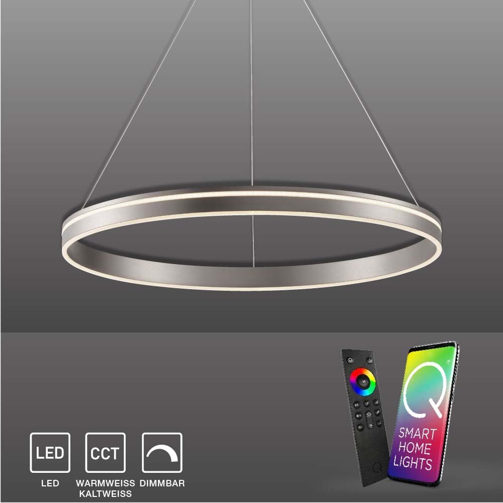 Paul Neuhaus Smarte LED-Leuchte LED Pendellampe CCT Q-Vito, Smart Home, RGB+W-Farbregelung, Dimmfunktion, Memoryfunktion, mit Leuchtmittel, Pendelleuchte Ring, dimmbar, Fernbedienung, Alexa silber