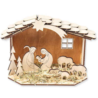 matches21 HOME & HOBBY Holzbaukasten Krippenspiel Steckbausatz Holz Stall Figuren & Schindeln