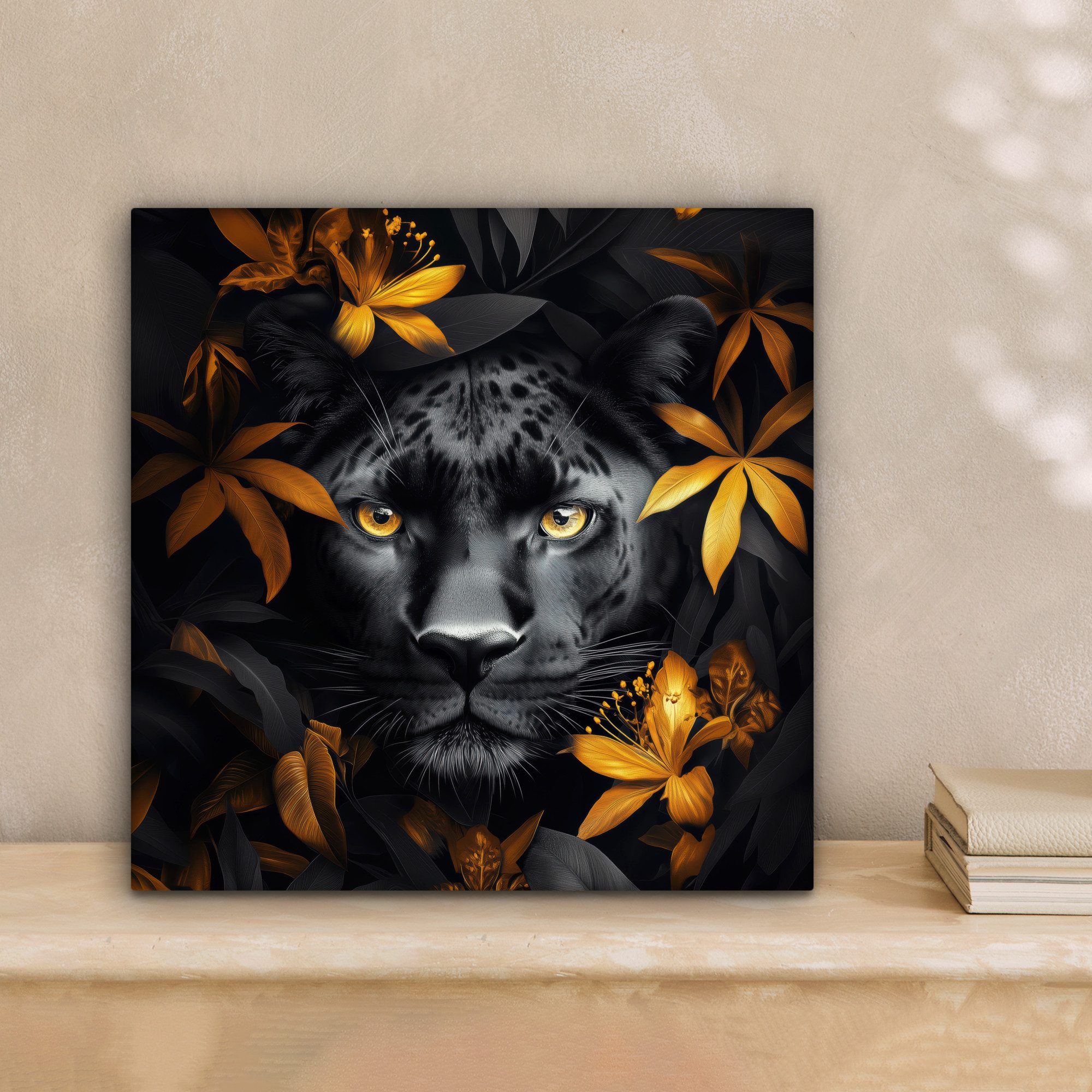 OneMillionCanvasses® Leinwandbild Schwarzer Panther - Blumen - Gold - Natur günstig online kaufen