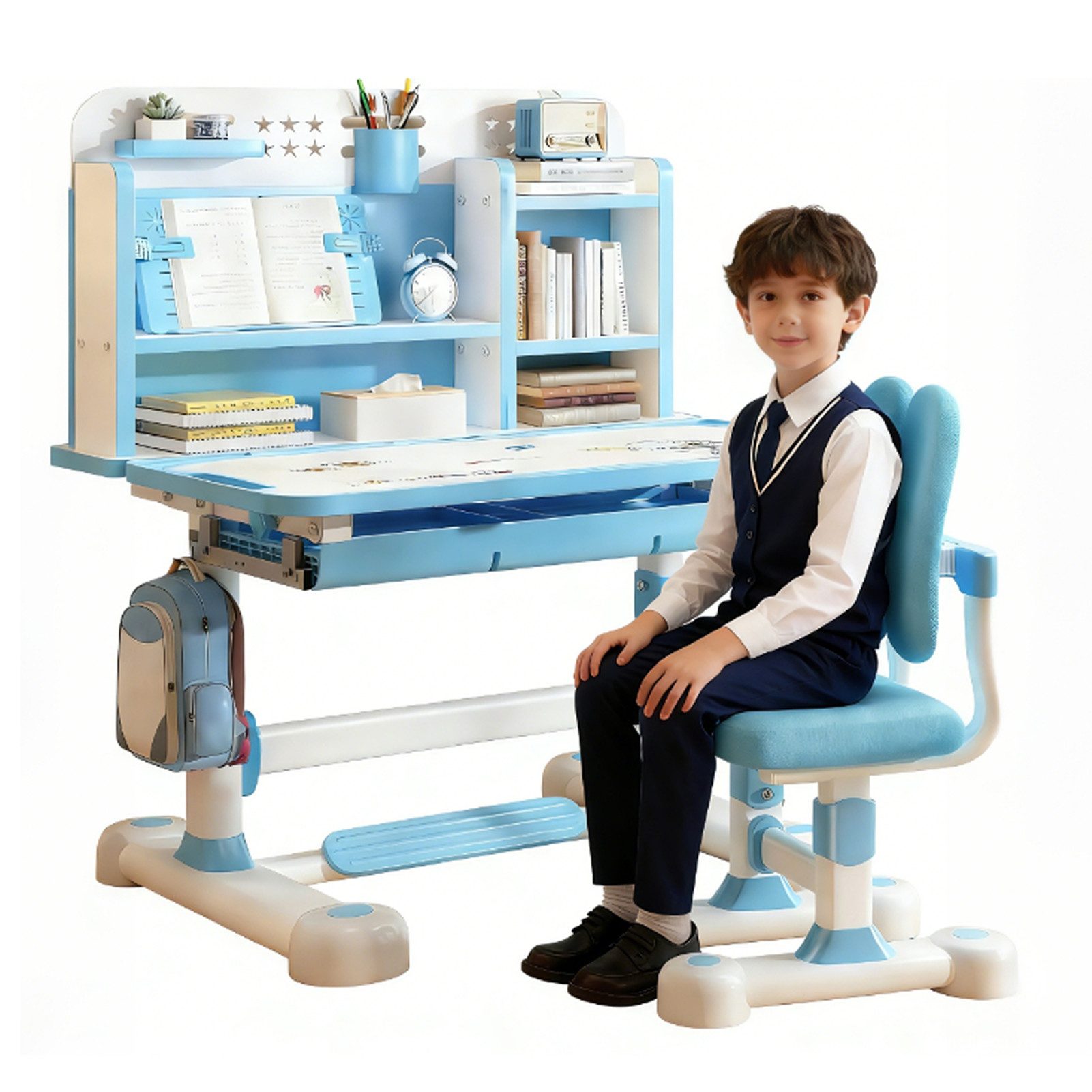 Rutaqian Kinderschreibtisch Kinderschreibtischstuhl mit Bücherständer,Höheverstellbar 65 und 71cm (Schreibtisch Mädchen ab 6 jahren, 1-St., ergonomischer Kids Schreibtisch und Stuhlset für Kinder), mit Stuhl & Schublade,Kinder Schüler Schreibtisch für Jungs & Mädchen