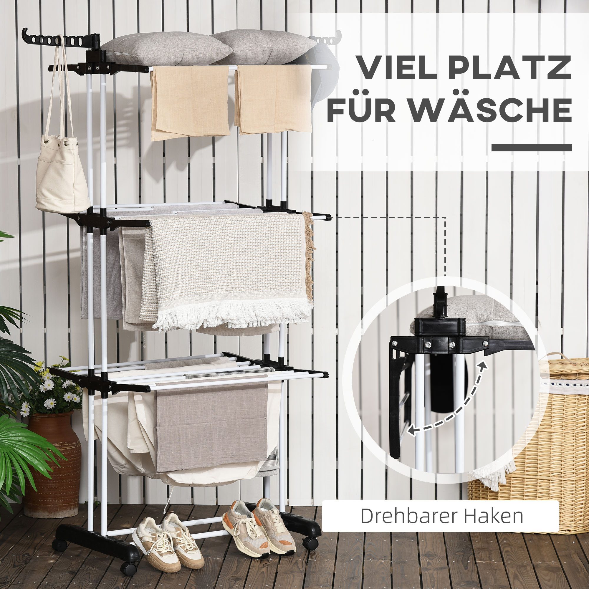 HOMCOM Wäscheständer Trockengestell mit Rollen mit 4 Ebenen, Stahl Schwarz 125 x 64 x 172 cm – Bild 4 von 5