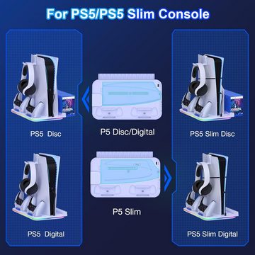 HYTIREBY PS5 Slim Ständer mit Lüfter für PS5 Disc/Digital Edition/PS5 Slim Playstation-Halterung, (Controller Ladestation/Headset Halterung/15 Spiele Lagerung)