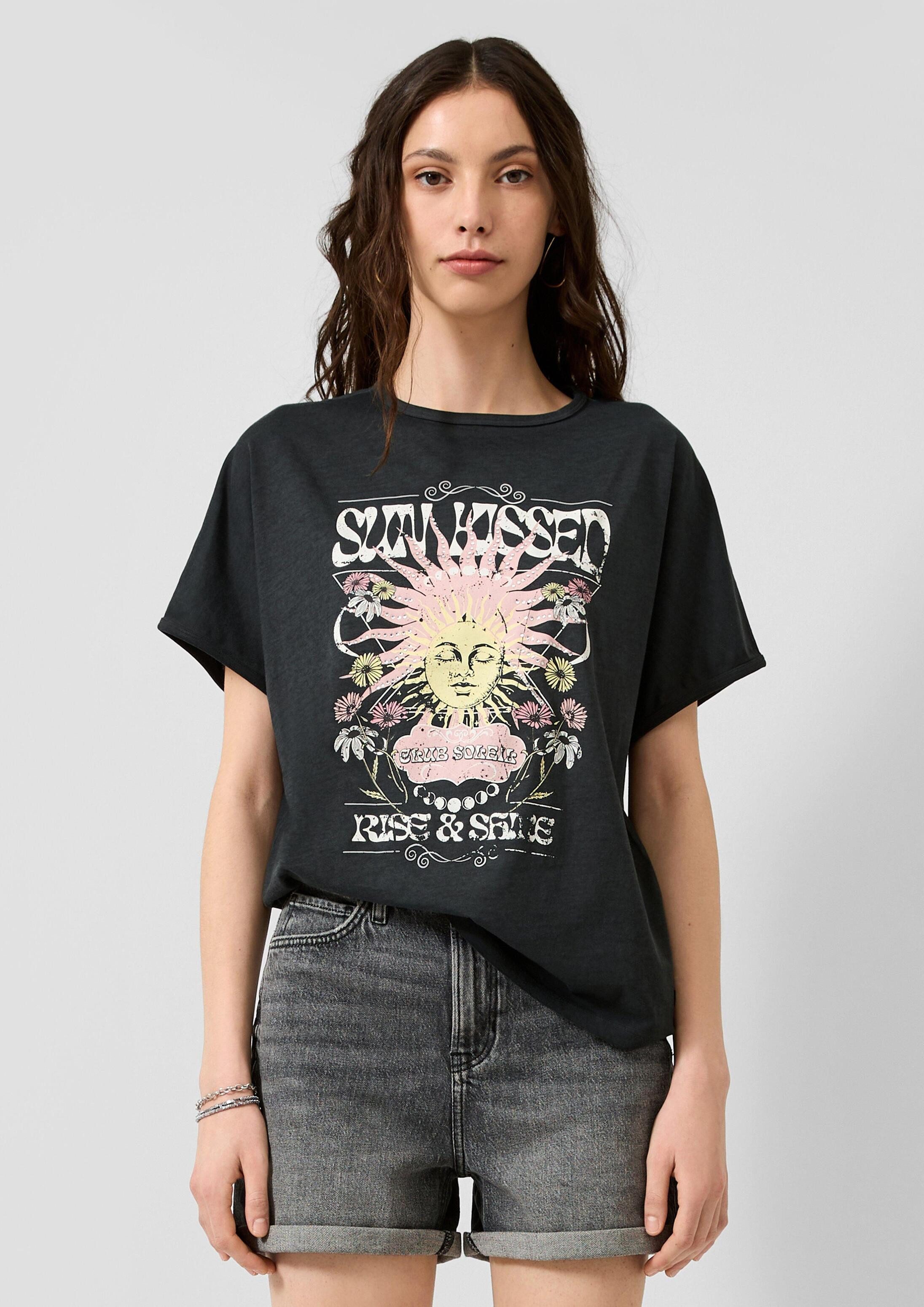 QS Kurzarmshirt T-Shirt Gewaschenes Print-Shirt mit überschnittener Schulter
