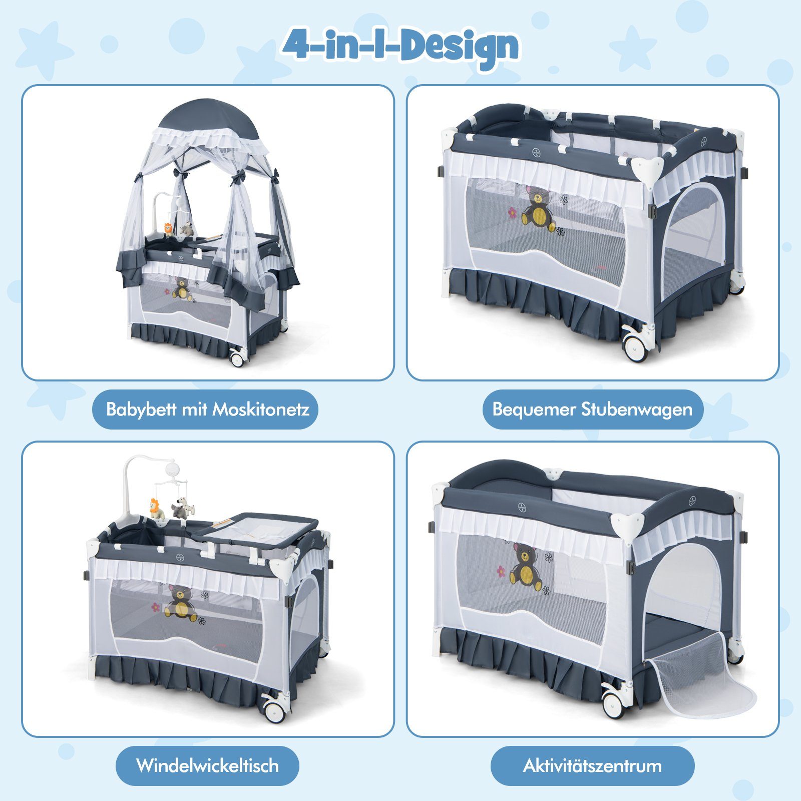 COSTWAY Kinderbett Reisebett, Babybett mit abnehmbarem Baldachin, Wickelauflage, faltbar
