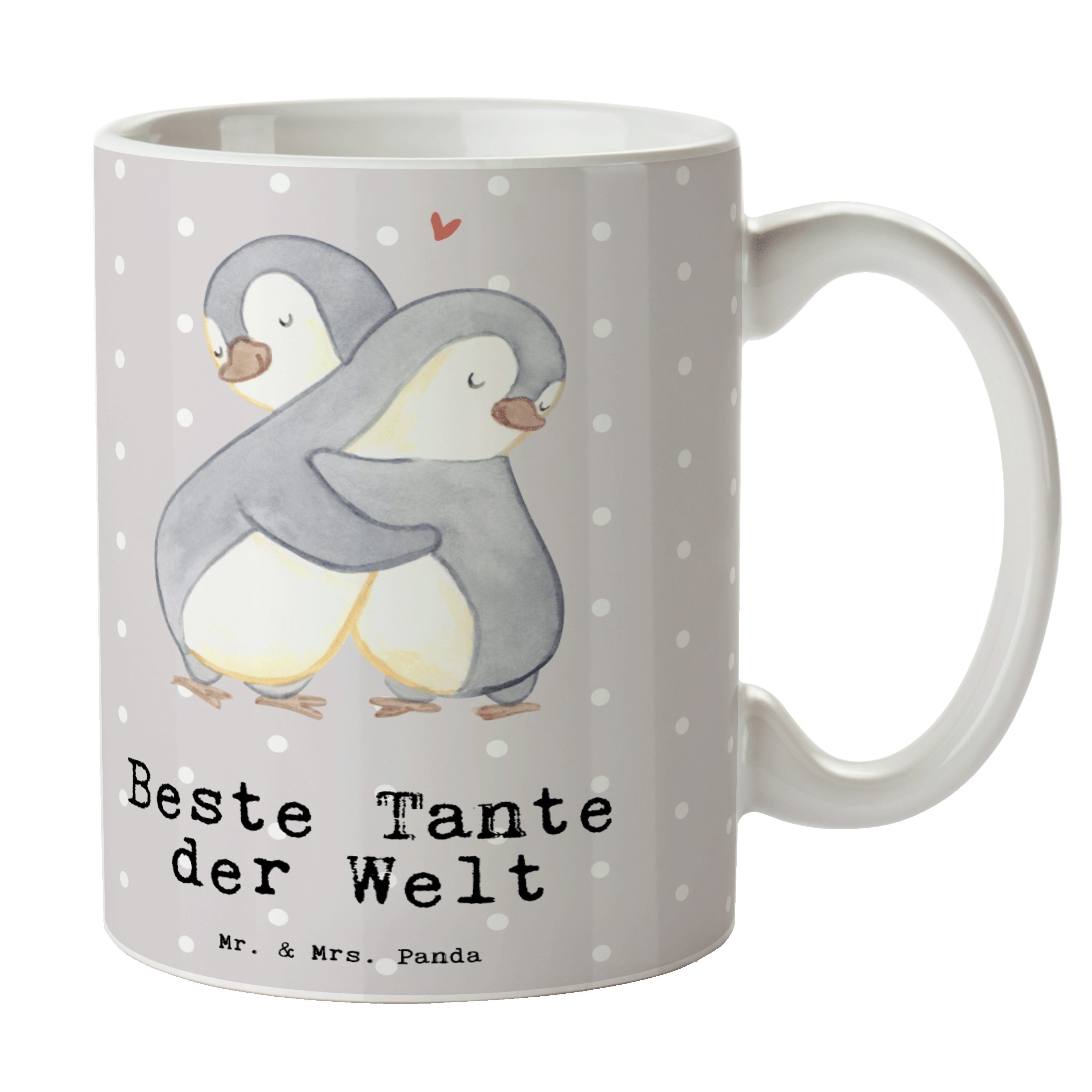 Mr. & Mrs. Panda Tasse Pinguin Beste Tante der Welt - Grau Pastell - Geschenk, Paten Tante, Keramik