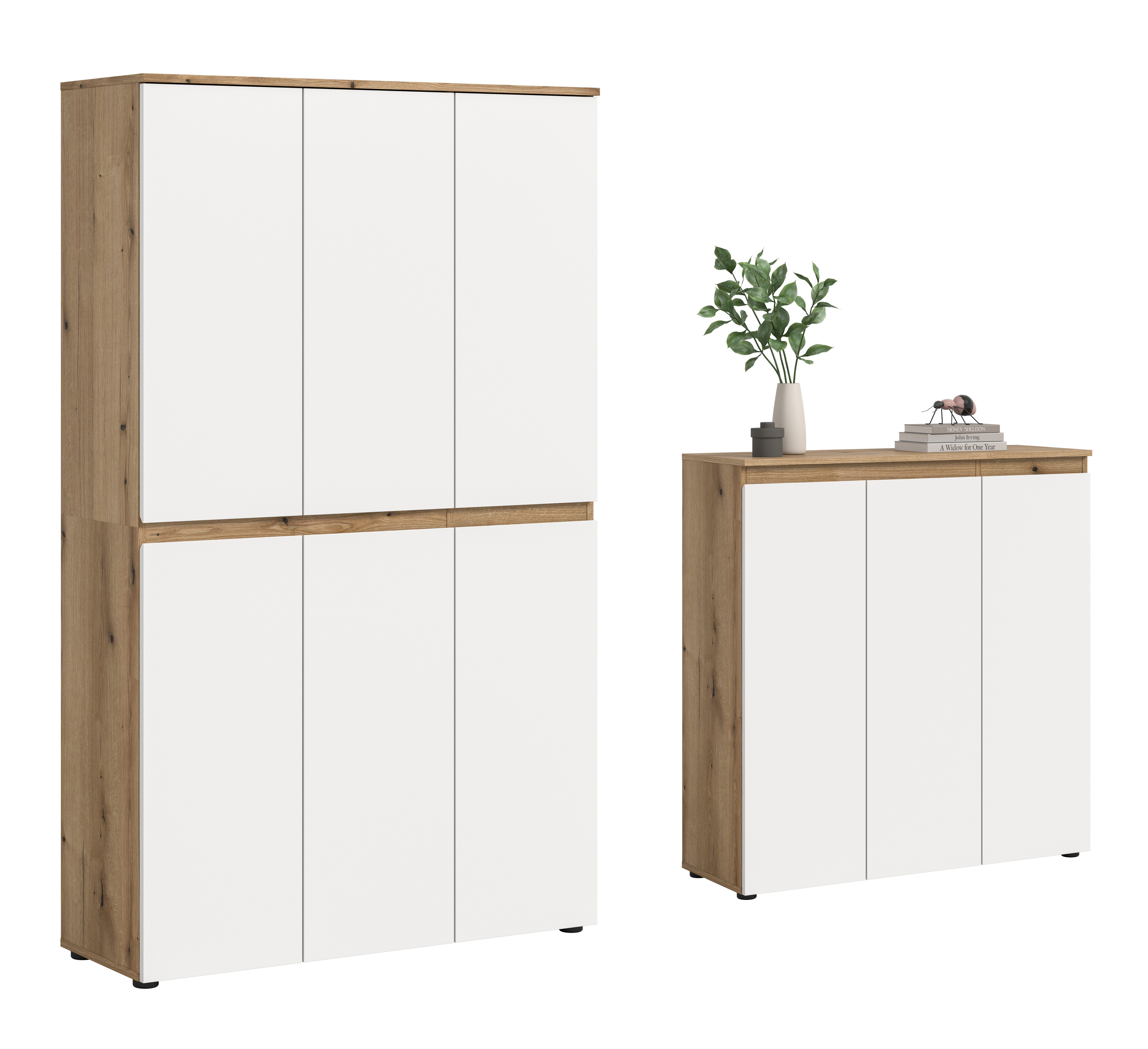 furnling Mehrzweckschrank-Set Sarca - in 5 trendigen Farben, (2-St., bestehend aus Kommode, Universalschrank), 1 Kleiderstange, großzügiger Stauraum durch 28 Fächer, Breite 235 cm