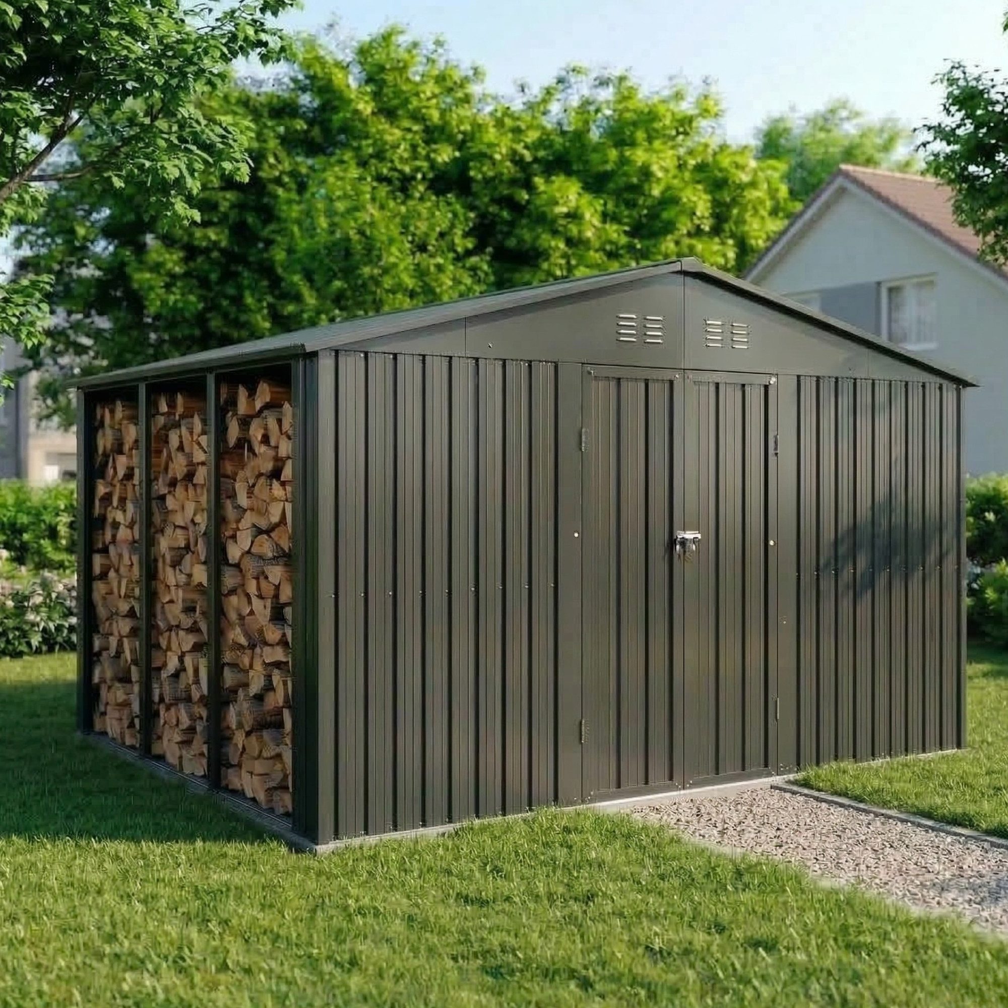 Albatros International Gerätehaus Gerätehaus 4XL abschließbar Schloss & Werkzeughaken, Geräteschuppen, BxT: 325.5x386.6 cm, (Anthrazit RAL 7016, 386,6x325,5x204cm), Gartenhaus mit Holzunterstand aus verzinktem wetterfestem Metall