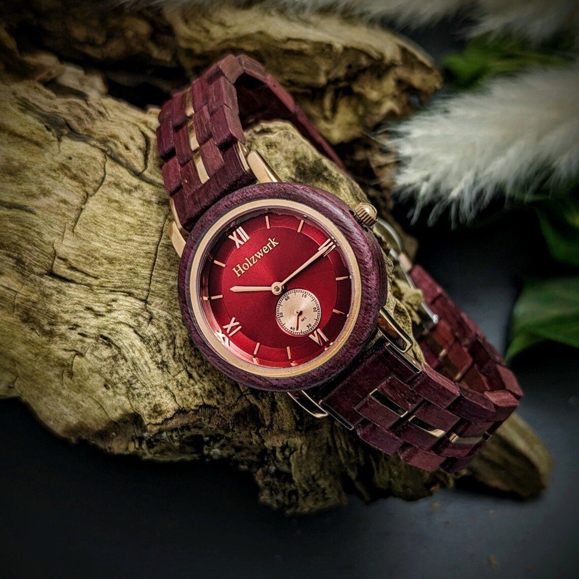BURSCHEID Uhr in Holzwerk braun, Damen Quarzuhr Armband kleine gold & rot Holz lila rose