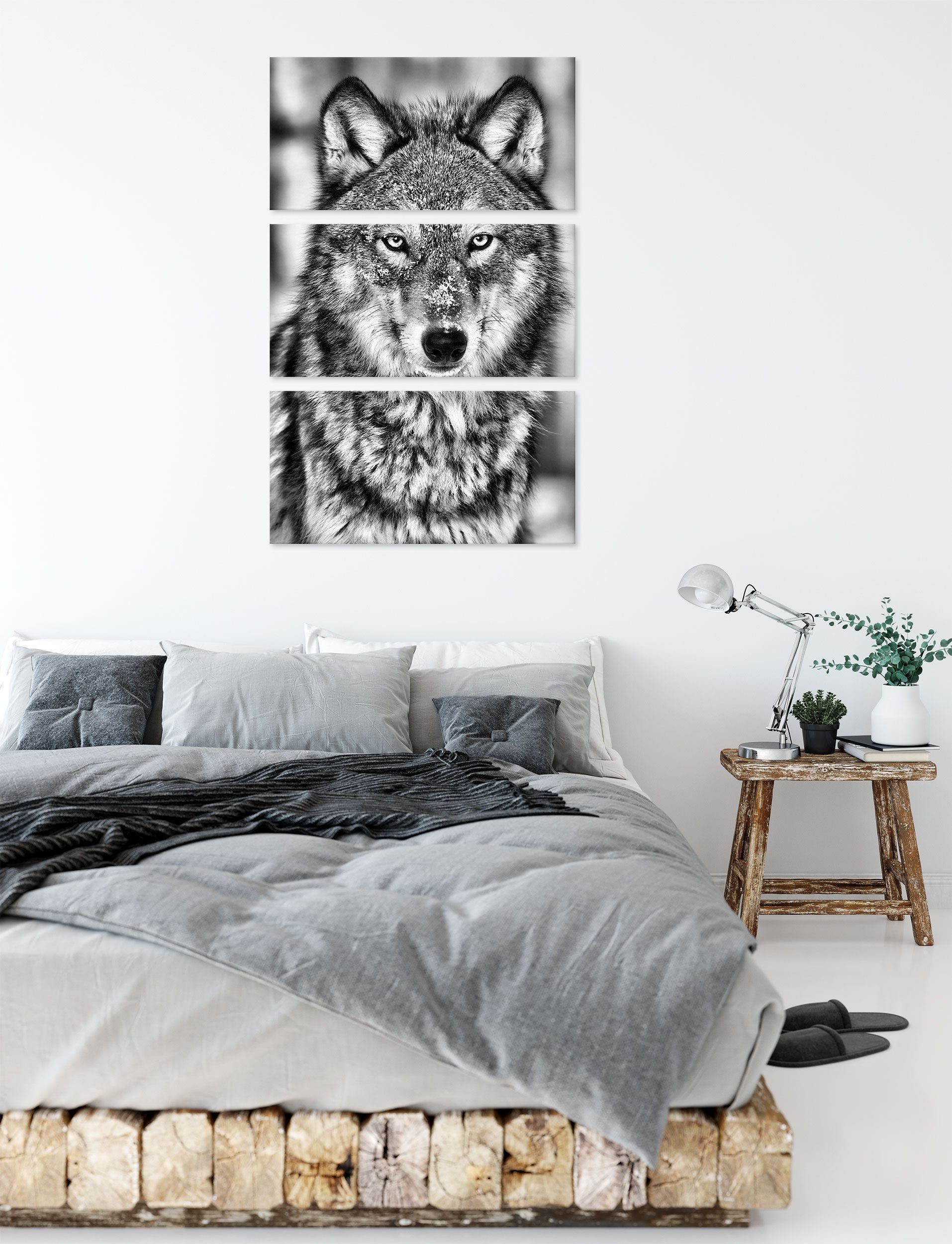 Leinwandbild St), Wolf fertig 3Teiler Wachsamer Wachsamer (120x80cm) Leinwandbild Zackenaufhänger inkl. bespannt, Wolf, (1 Pixxprint