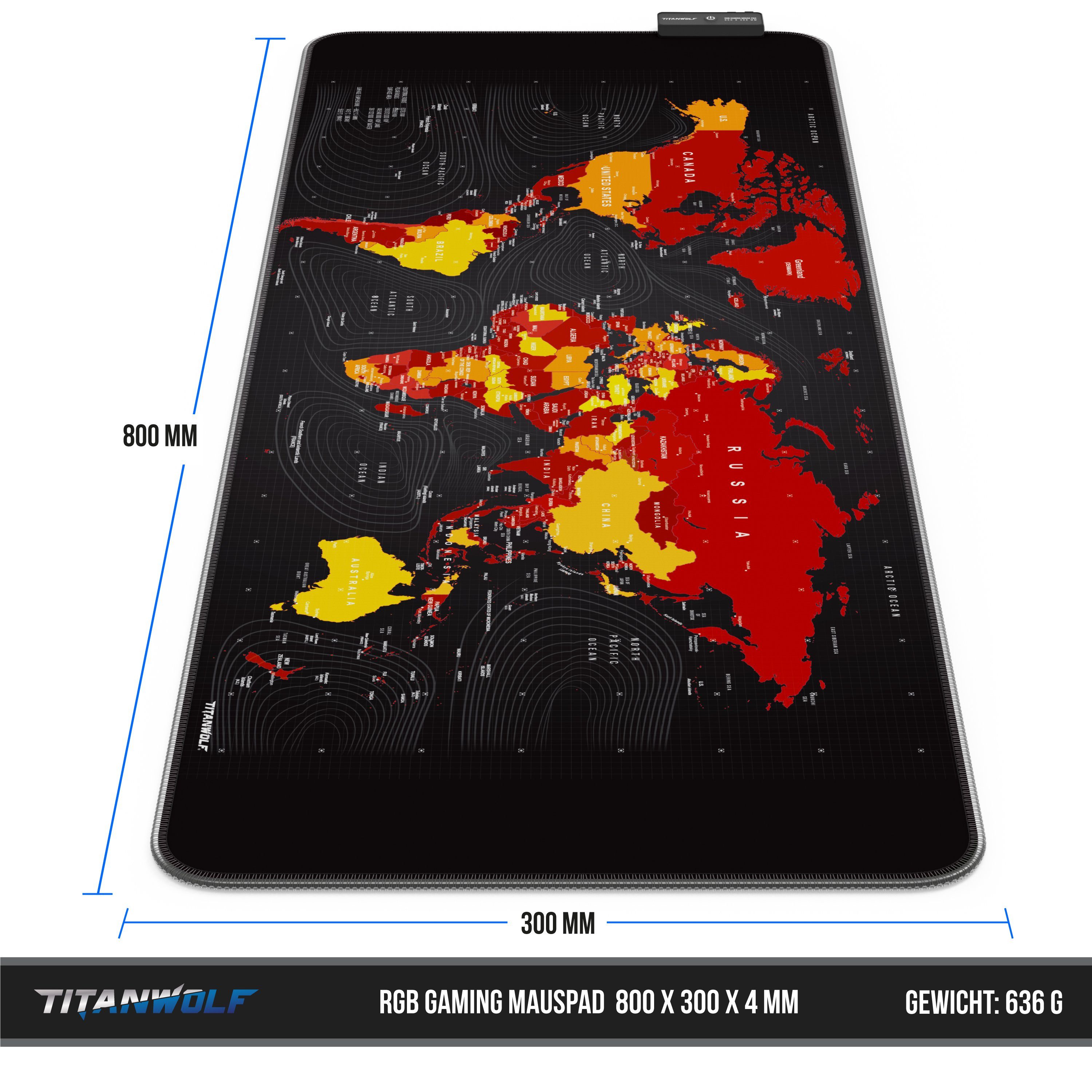 Titanwolf Gaming Mauspad RGB Mousepad 800 x 300 x 3 mm, LED Multi Color XL Tischunterlage, rutschfest, abwaschbar, Geschwindigkeit & Präzision, Weltkarte rot