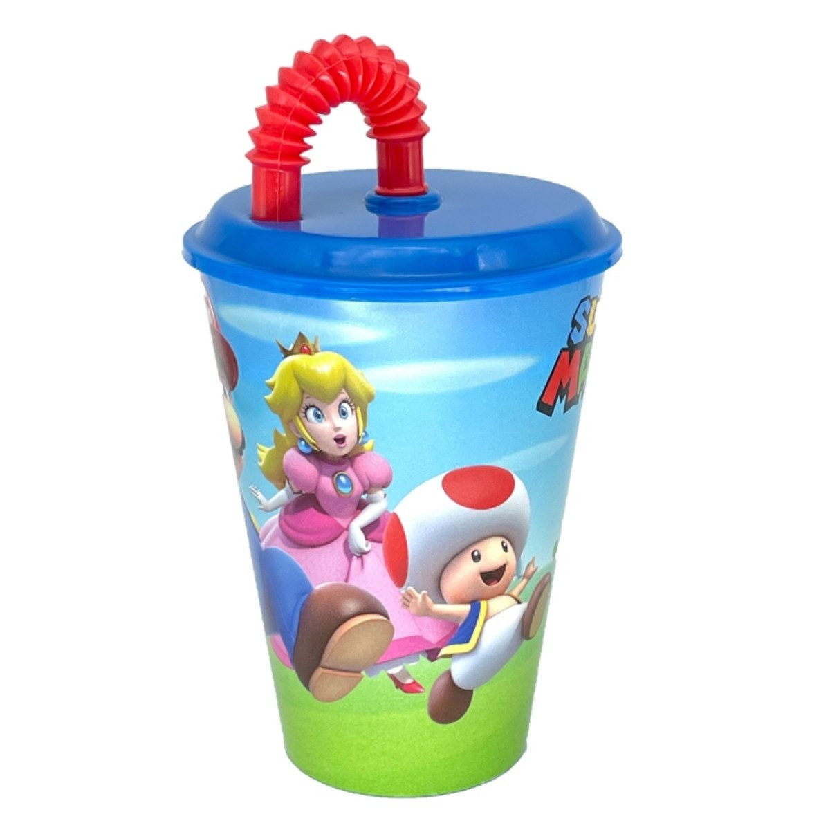 Super Mario Becher Trinkbecher 430 ml mit Deckel und Strohhalm, Polyethylen