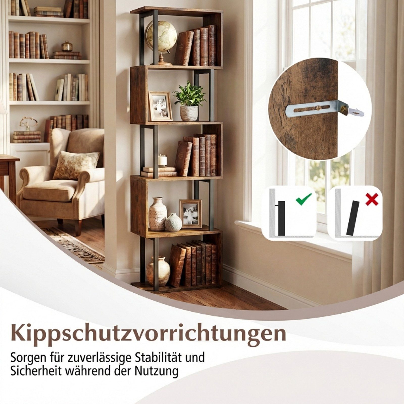 COSTWAY Bücherregal, 5 stöckiges geometrisches, mit Metallrahmen, Kippschutz